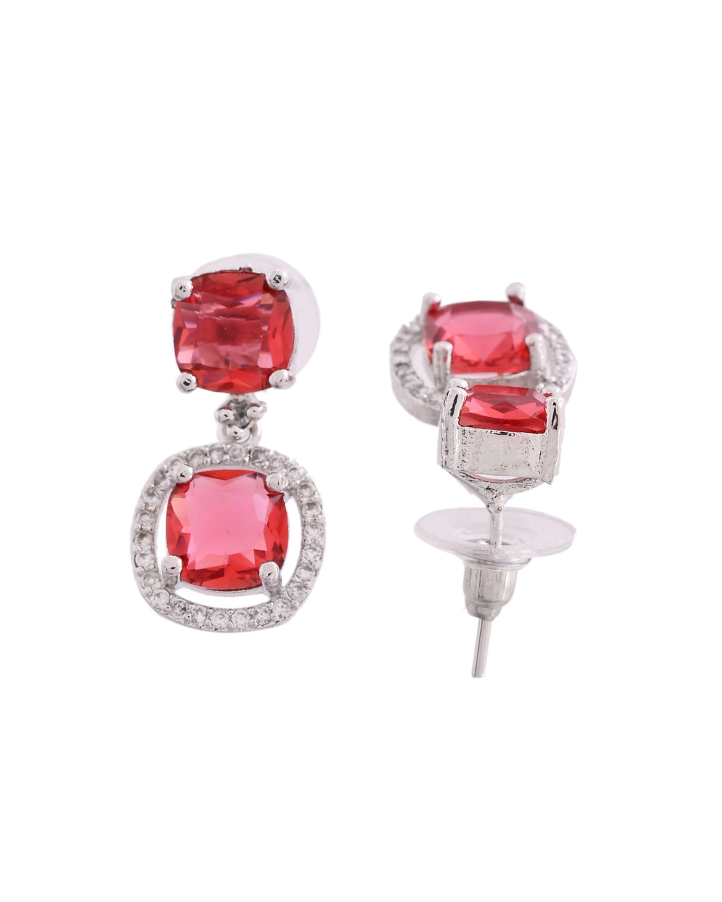 VOJ Silver Plated Red Stone Geometrical Shaped Earrings - Distacart