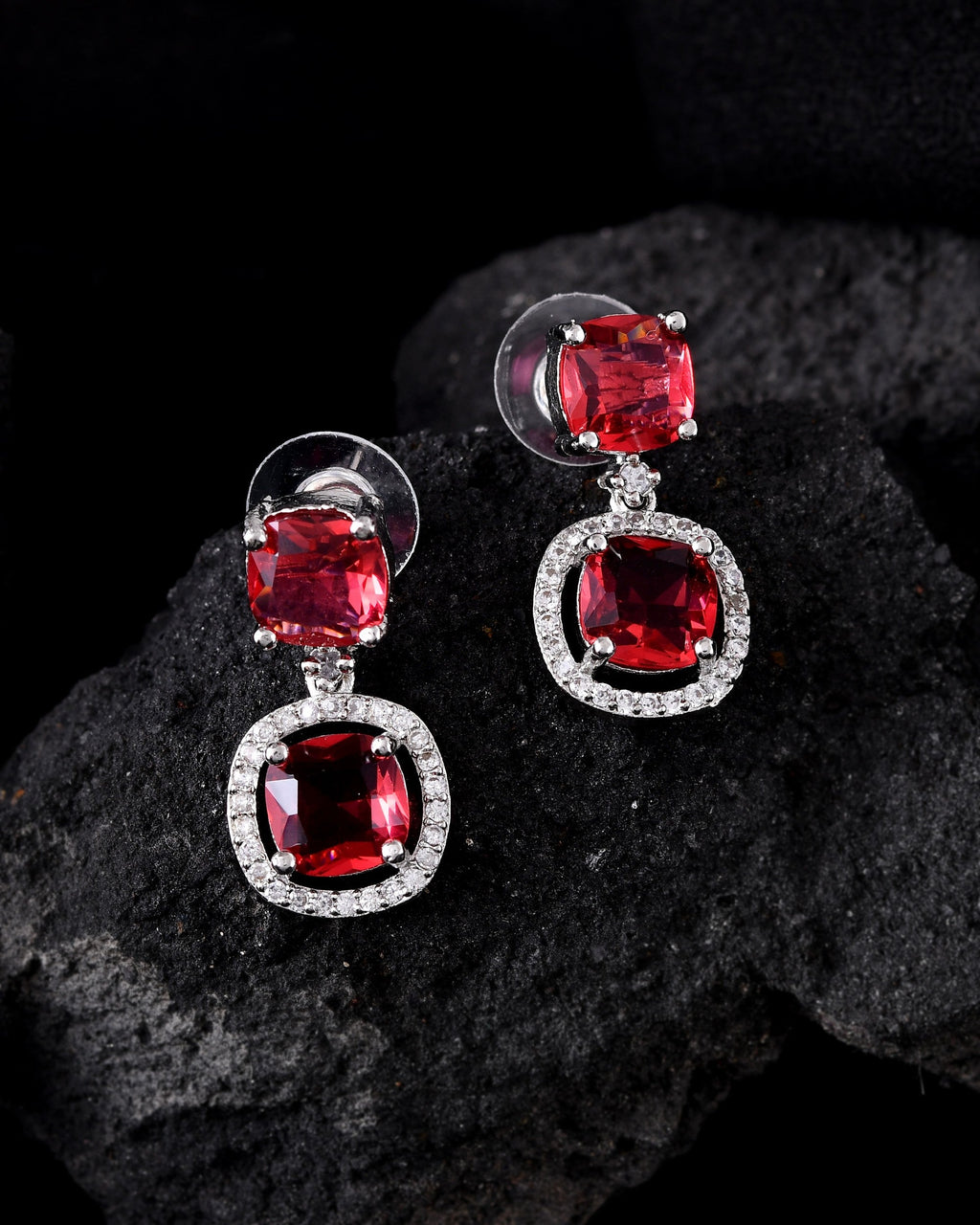 VOJ Silver Plated Red Stone Geometrical Shaped Earrings - Distacart