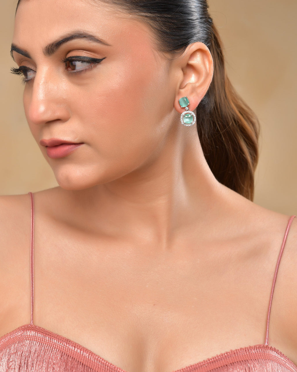 VOJ Silver Plated Sea Green Stone Geometrical Shaped Earrings - Distacart