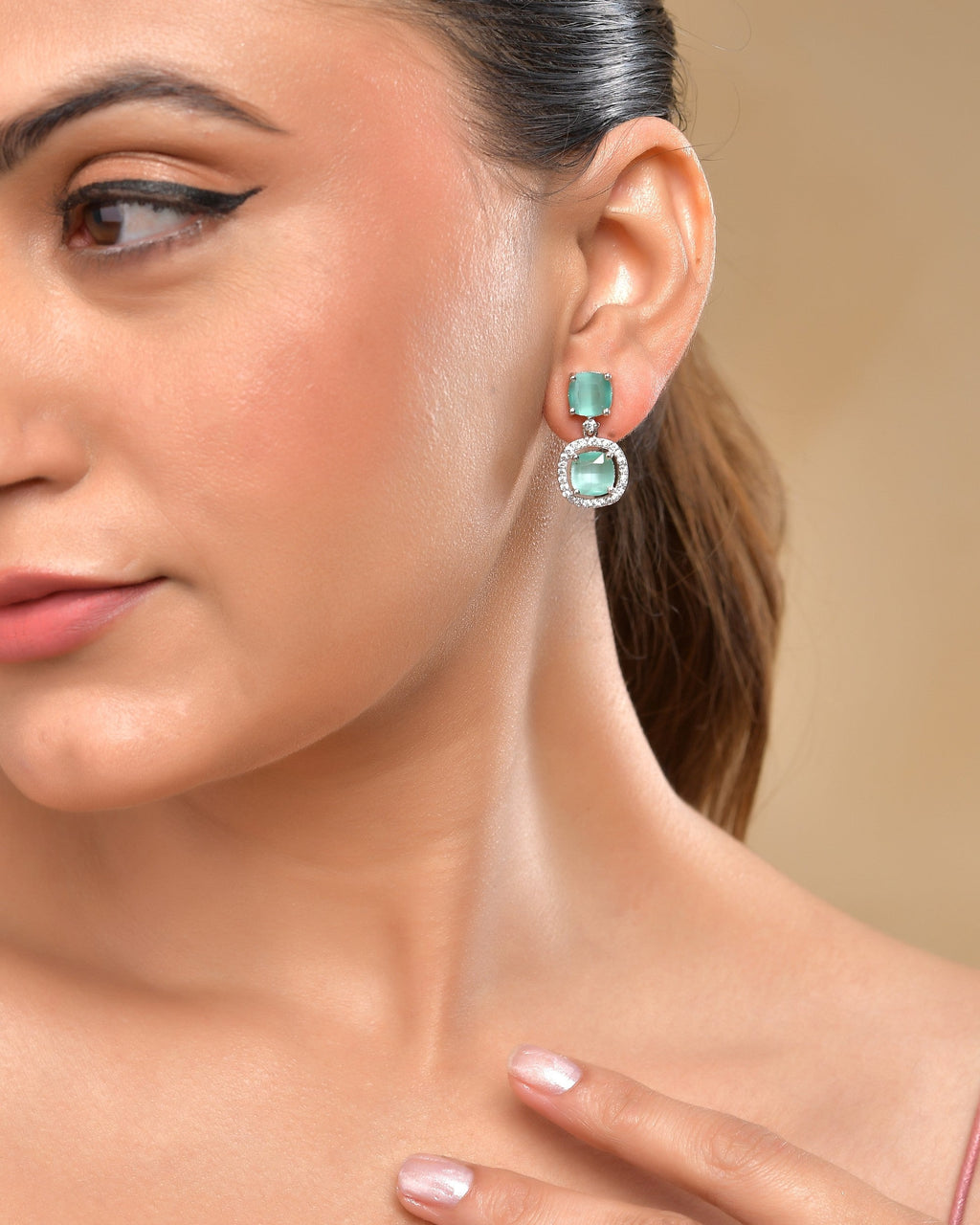 VOJ Silver Plated Sea Green Stone Geometrical Shaped Earrings - Distacart