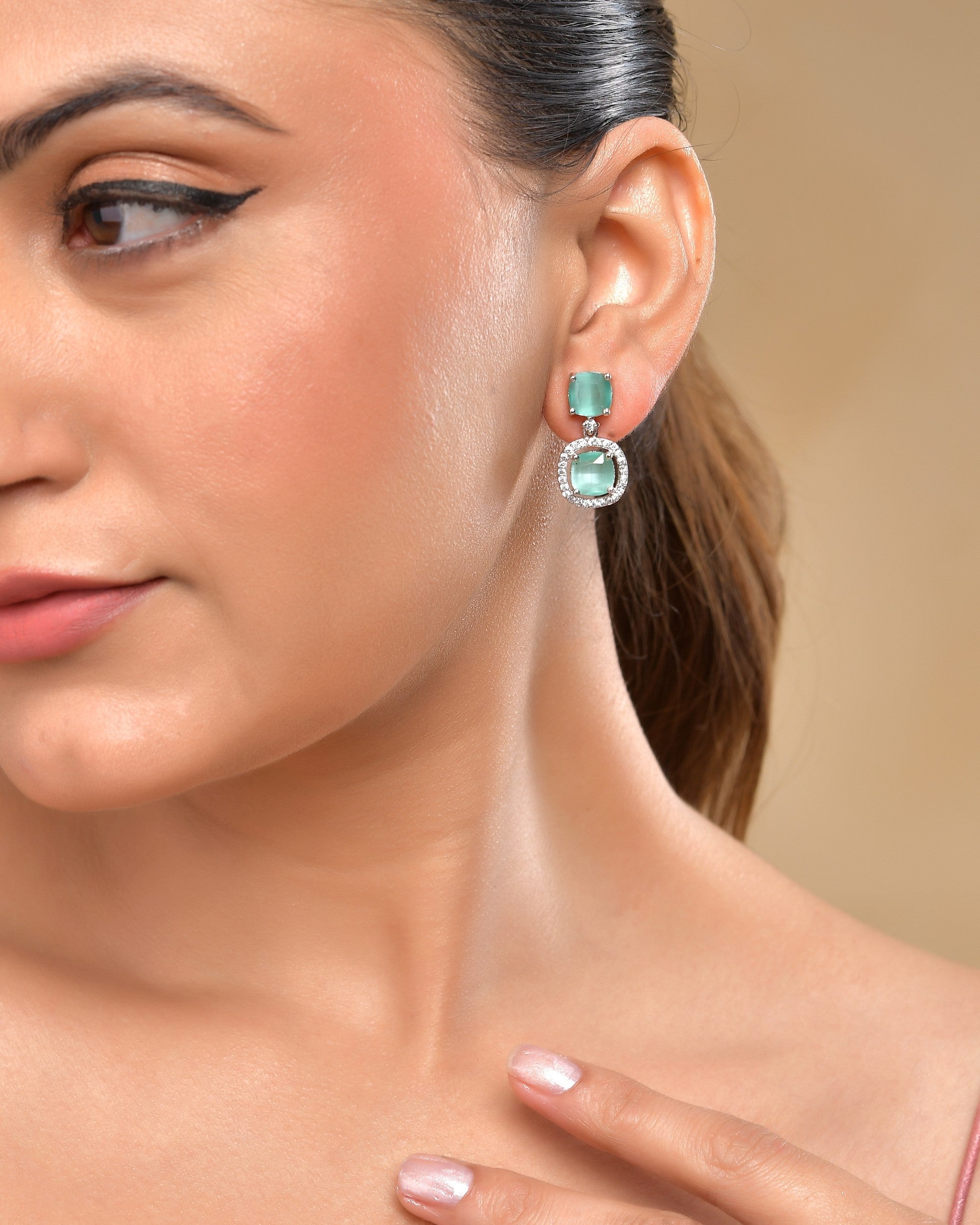VOJ Silver Plated Sea Green Stone Geometrical Shaped Earrings - Distacart