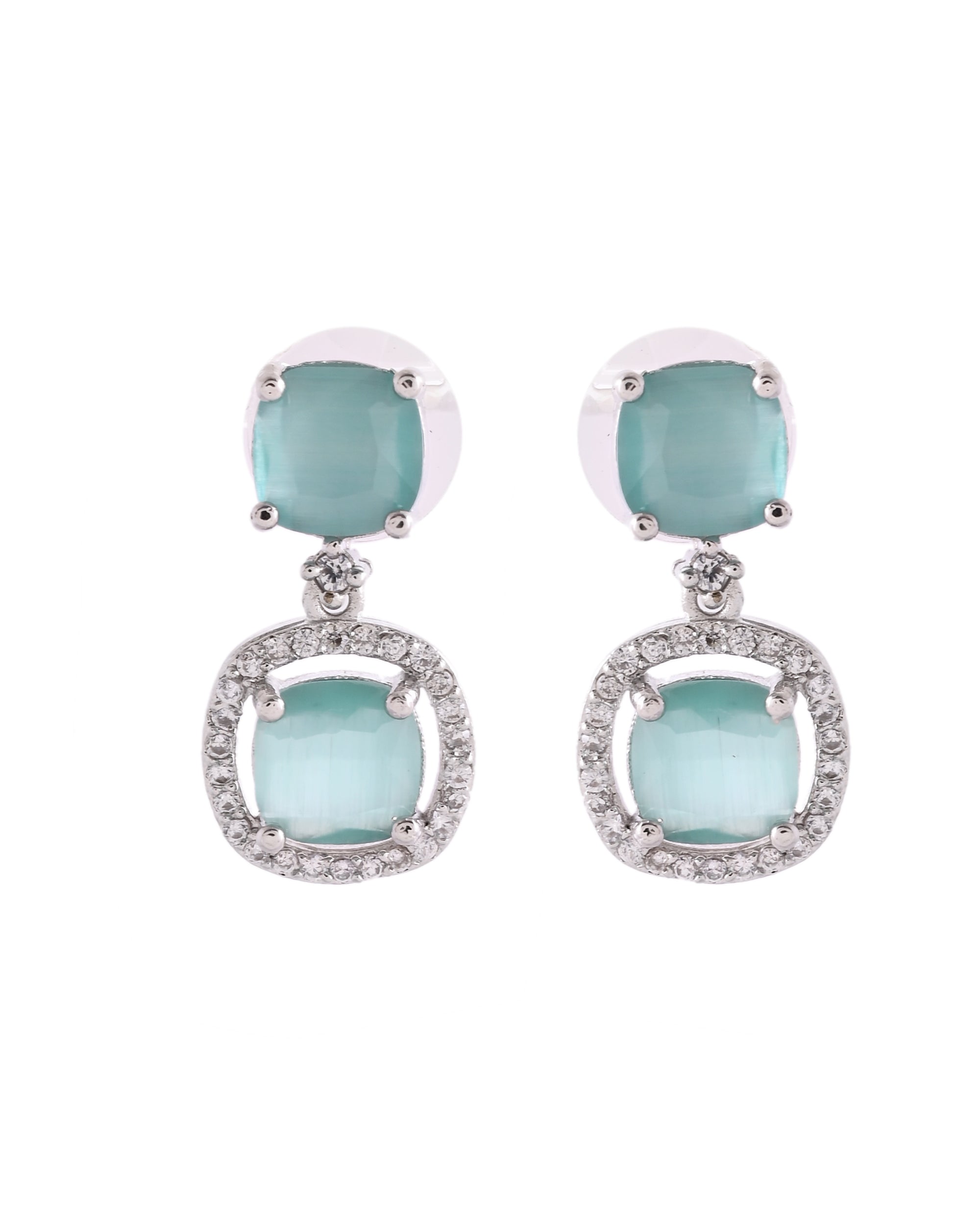 VOJ Silver Plated Sea Green Stone Geometrical Shaped Earrings - Distacart
