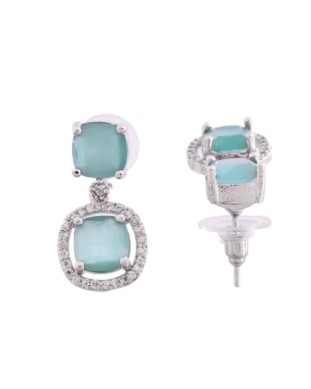 VOJ Silver Plated Sea Green Stone Geometrical Shaped Earrings - Distacart