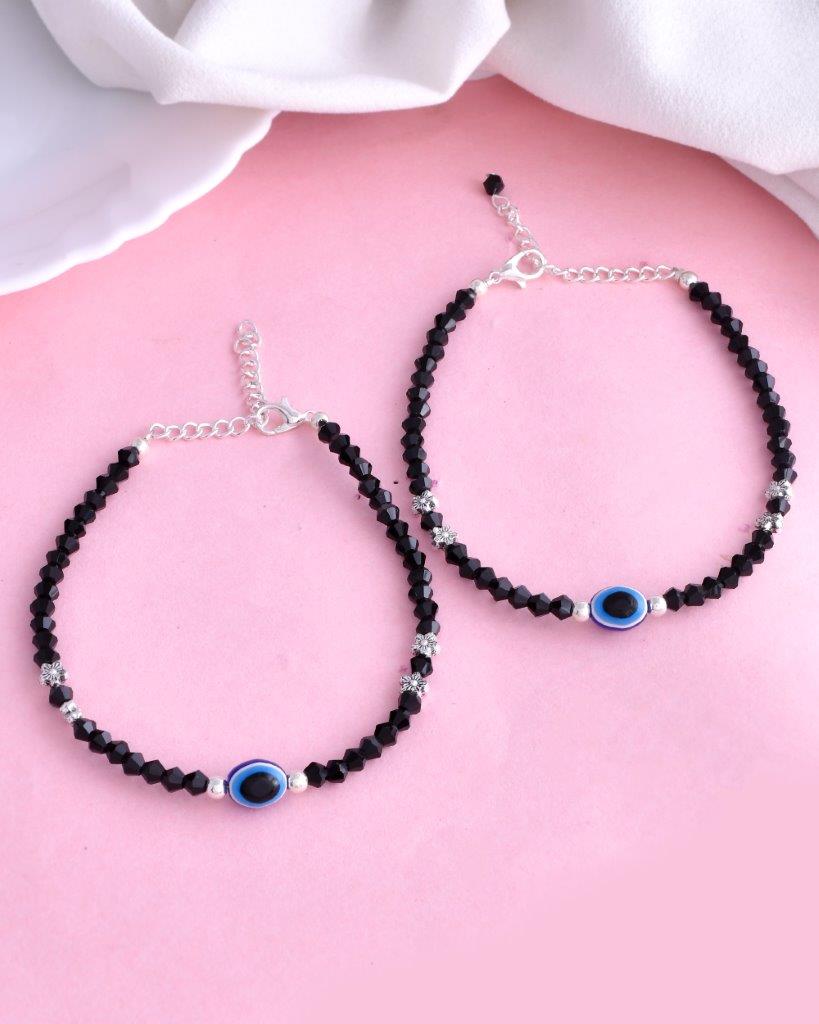 VOJ Set of 2 Silver Plated Beads Evil Eye Anklet - Distacart