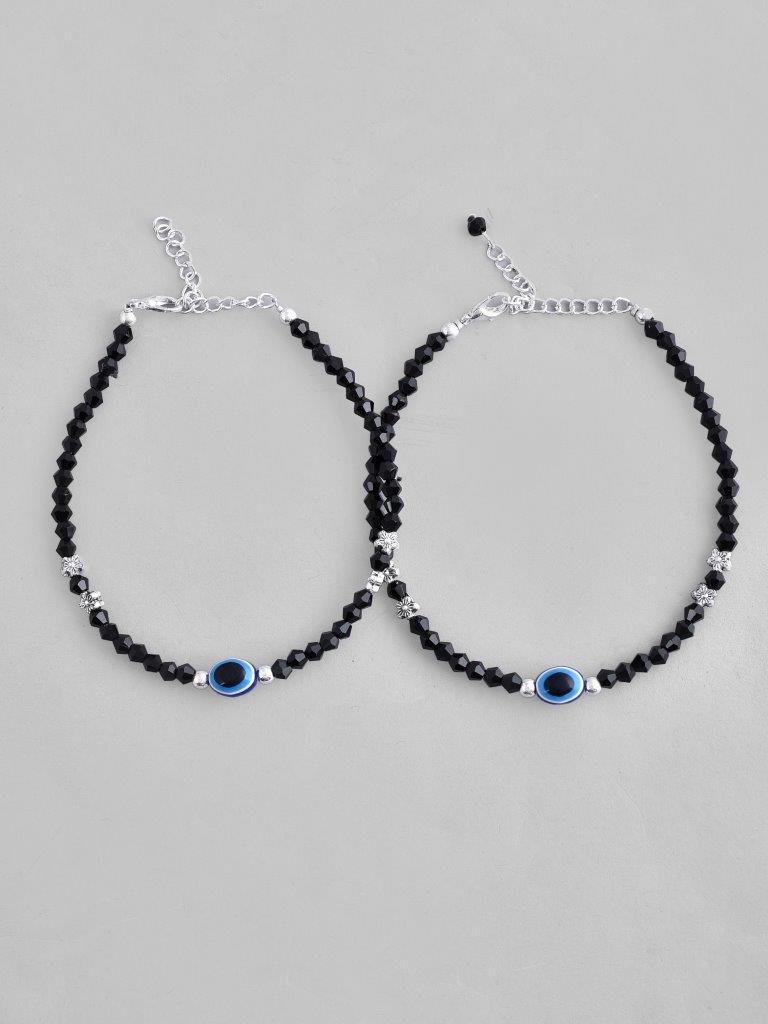 VOJ Set of 2 Silver Plated Beads Evil Eye Anklet - Distacart