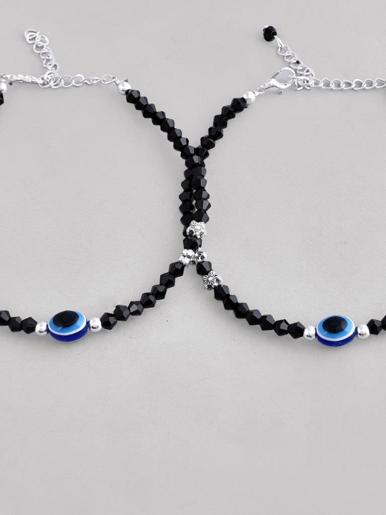 VOJ Set of 2 Silver Plated Beads Evil Eye Anklet - Distacart