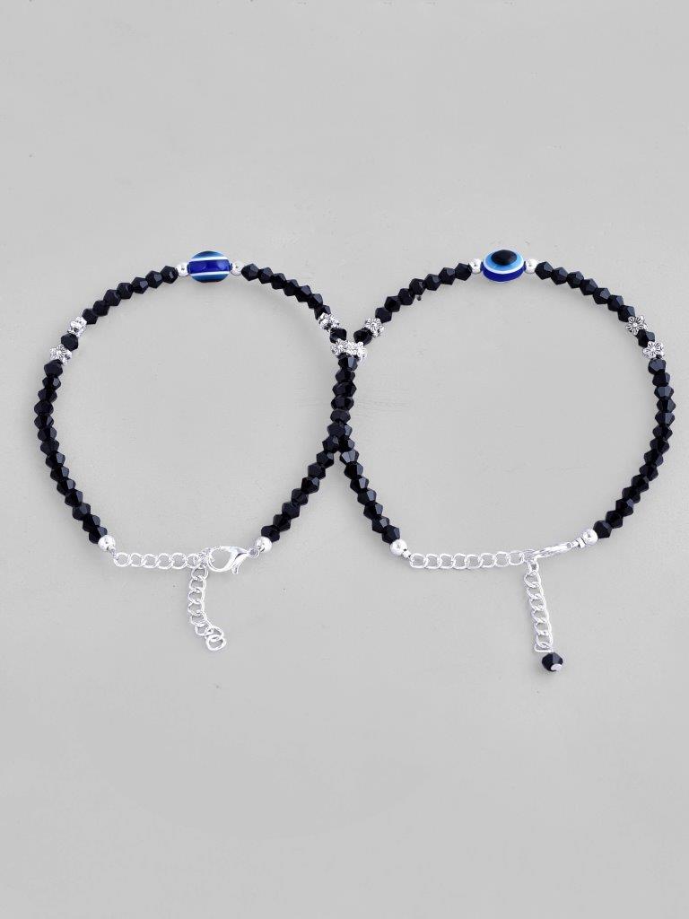VOJ Set of 2 Silver Plated Beads Evil Eye Anklet - Distacart