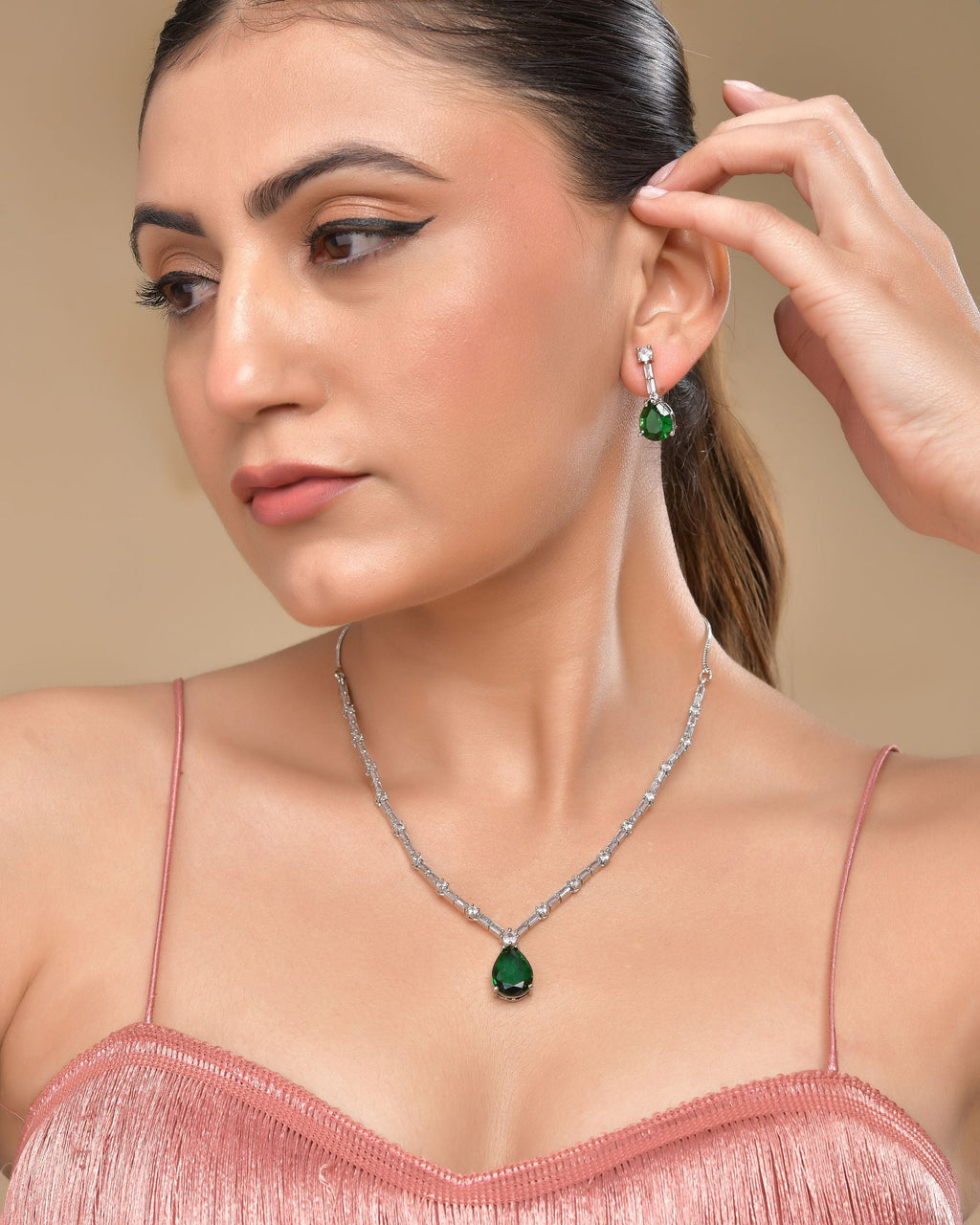 VOJ Silver Plated Green Teardrop Stone Studded Simple Jewellery Set - Distacart