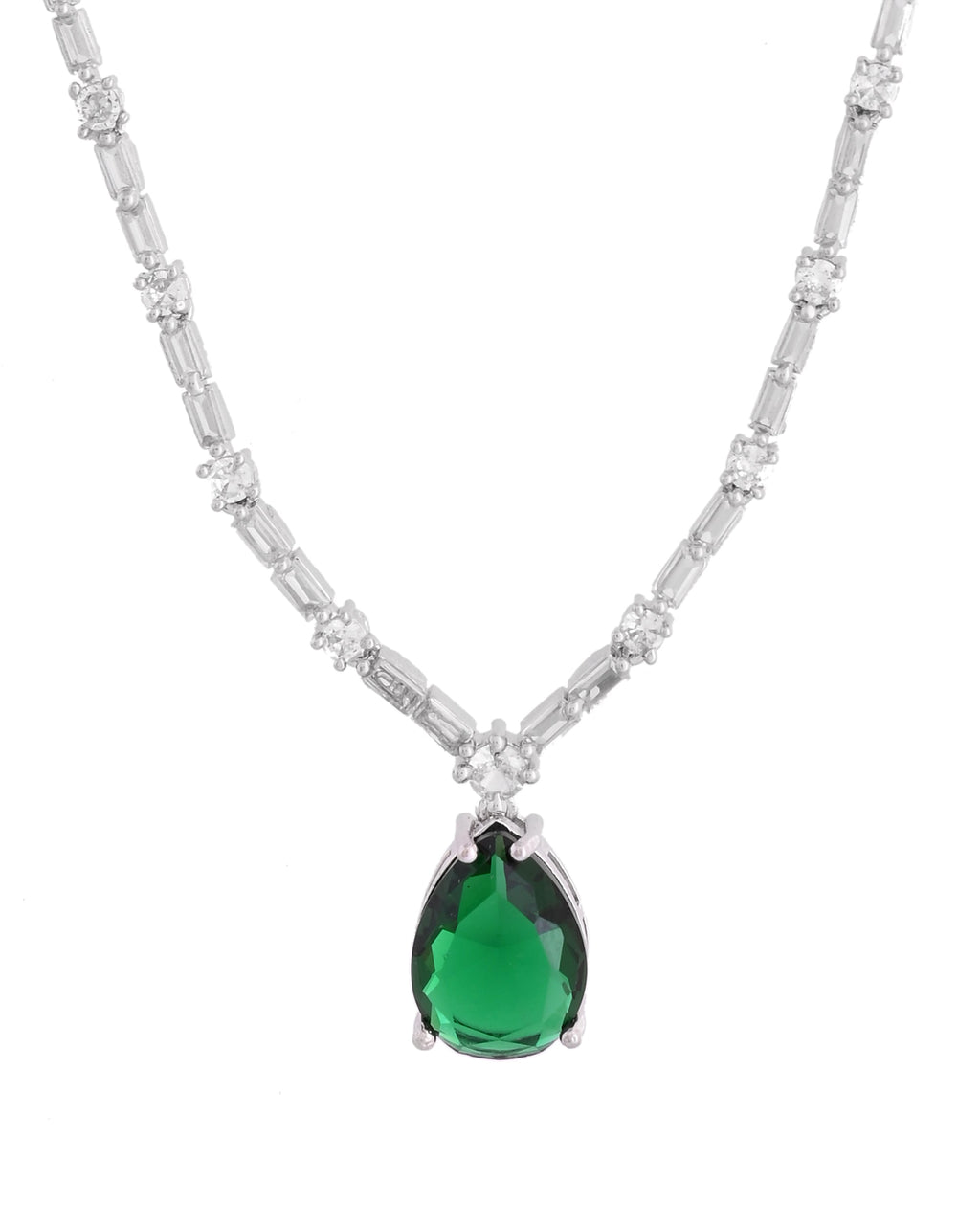 VOJ Silver Plated Green Teardrop Stone Studded Simple Jewellery Set - Distacart