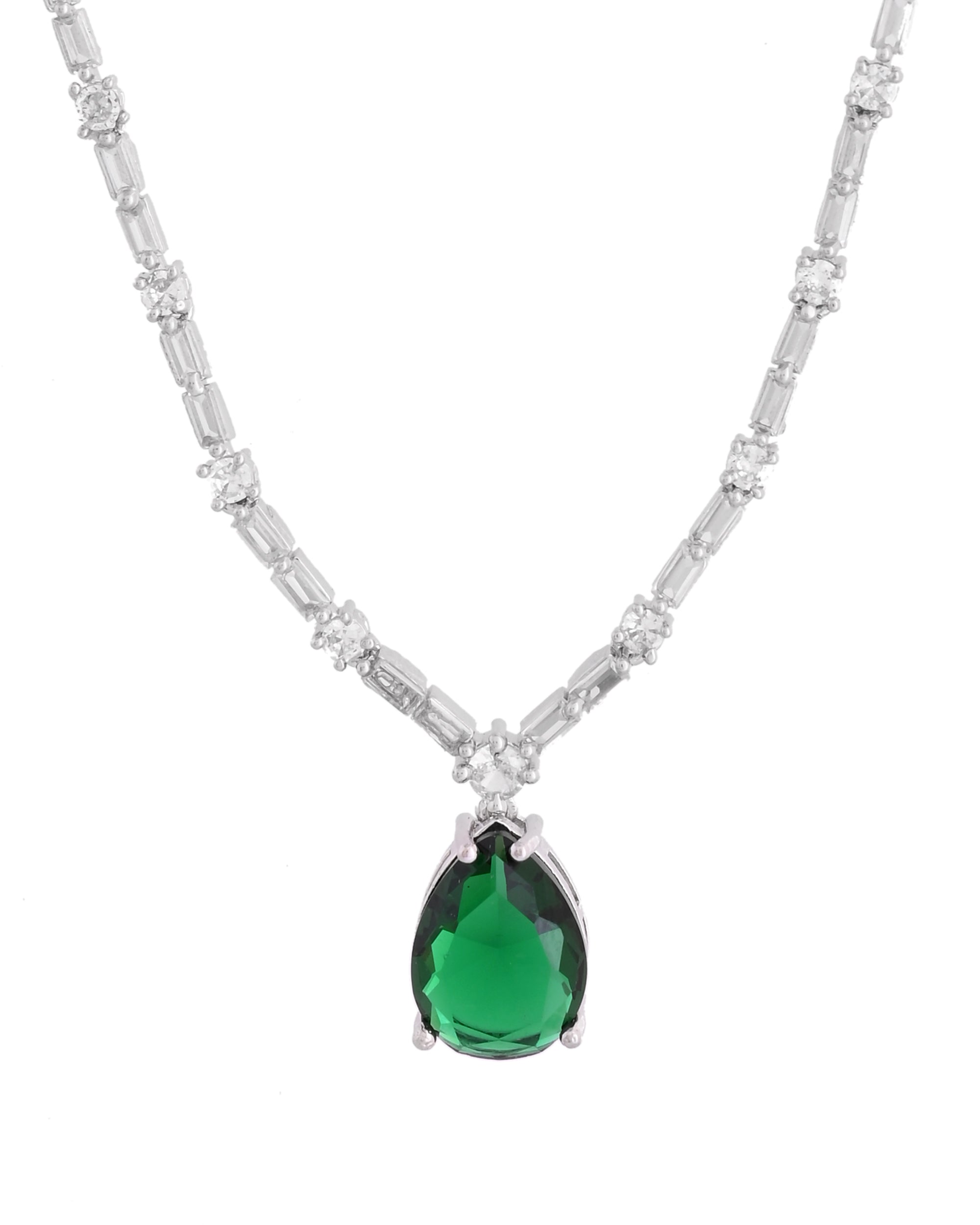 VOJ Silver Plated Green Teardrop Stone Studded Simple Jewellery Set - Distacart