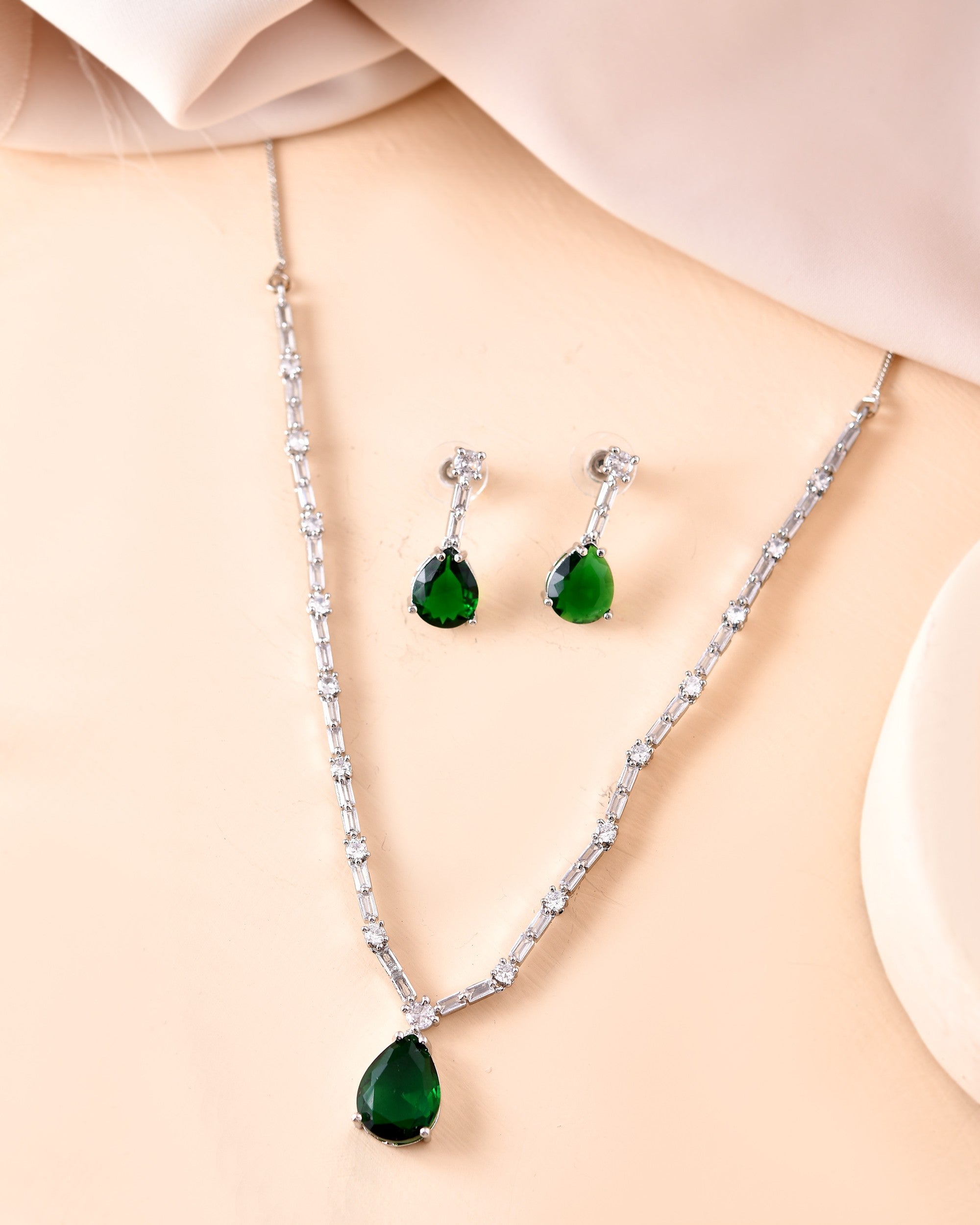 VOJ Silver Plated Green Teardrop Stone Studded Simple Jewellery Set - Distacart