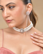 VOJ Silver Plated Pearl And Ad Stone Studded Choker Necklace With Earrings Set