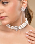 VOJ Silver Plated Pearl And Ad Stone Studded Choker Necklace With Earrings Set