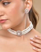 VOJ Silver Plated Pearl And Ad Stone Studded Choker Necklace With Earrings Set