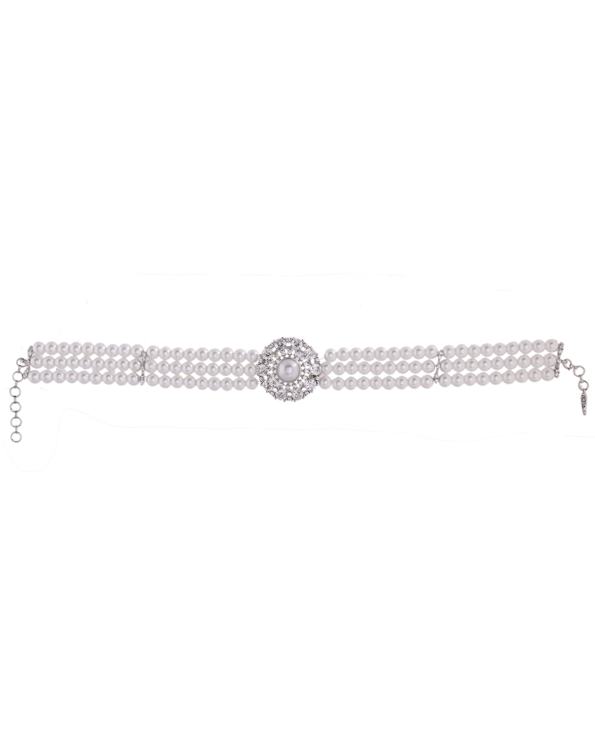 VOJ Silver Plated Pearl And Ad Stone Studded Choker Necklace With Earrings Set