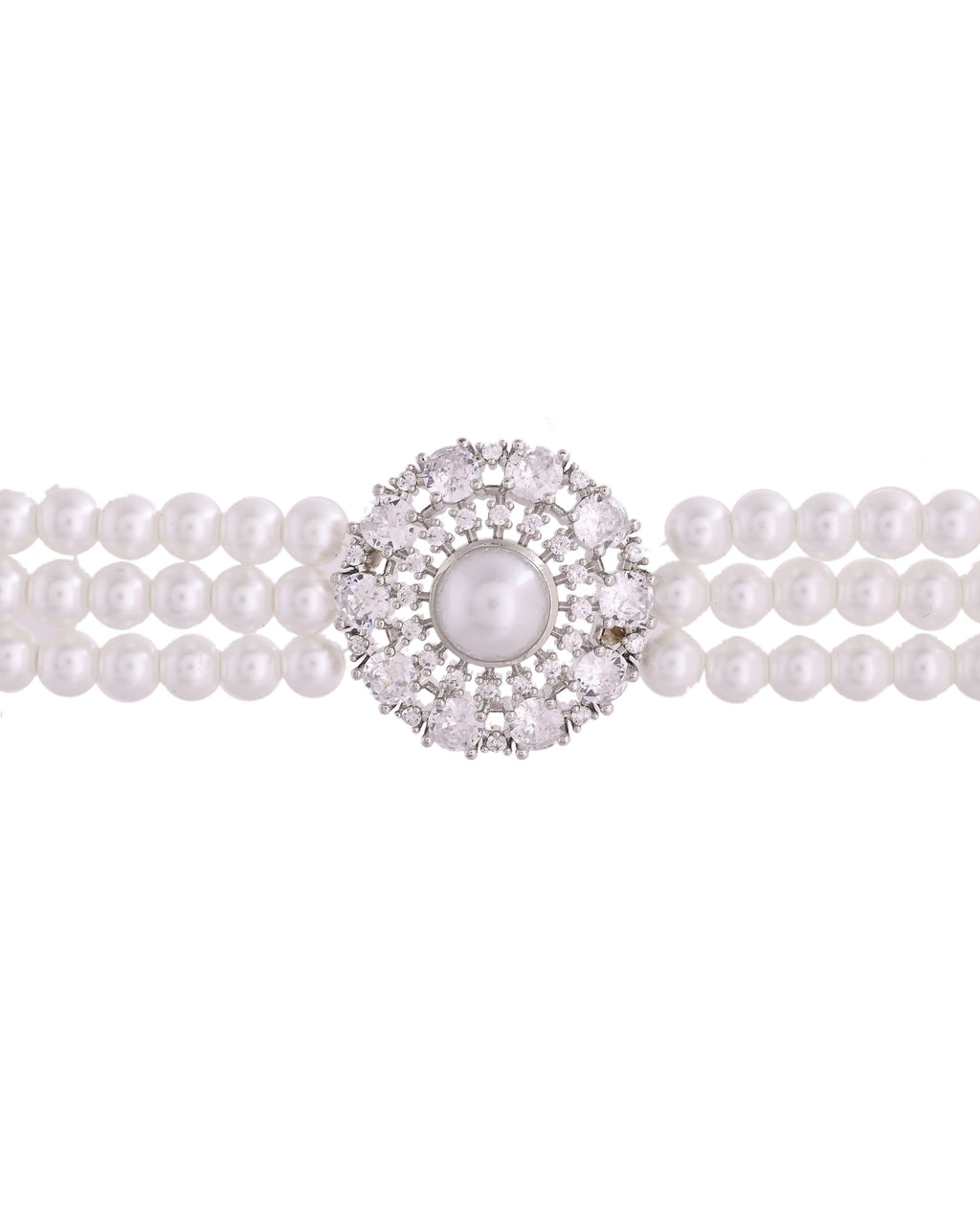 VOJ Silver Plated Pearl And Ad Stone Studded Choker Necklace With Earrings Set