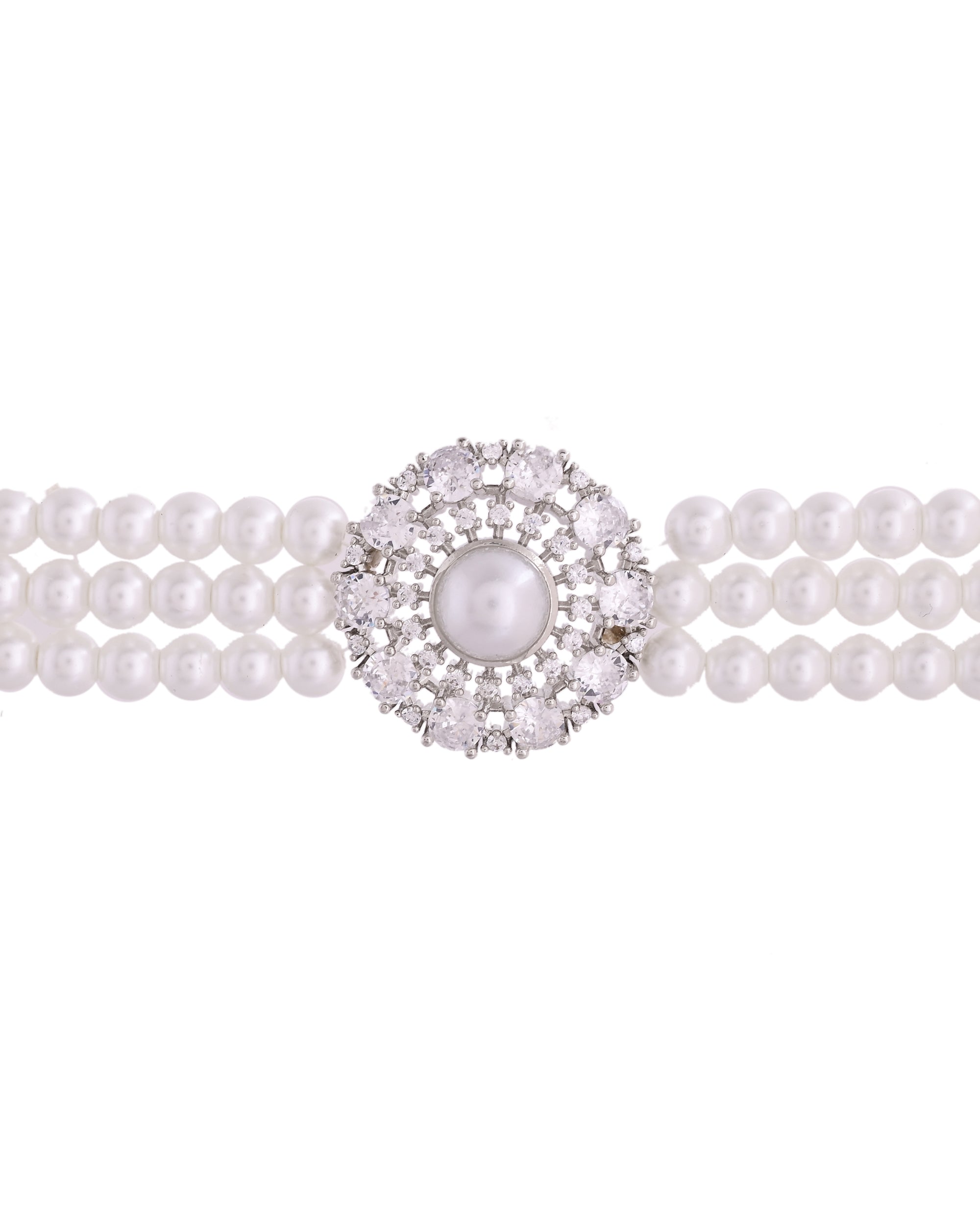 VOJ Silver Plated Pearl And Ad Stone Studded Choker Necklace With Earrings Set