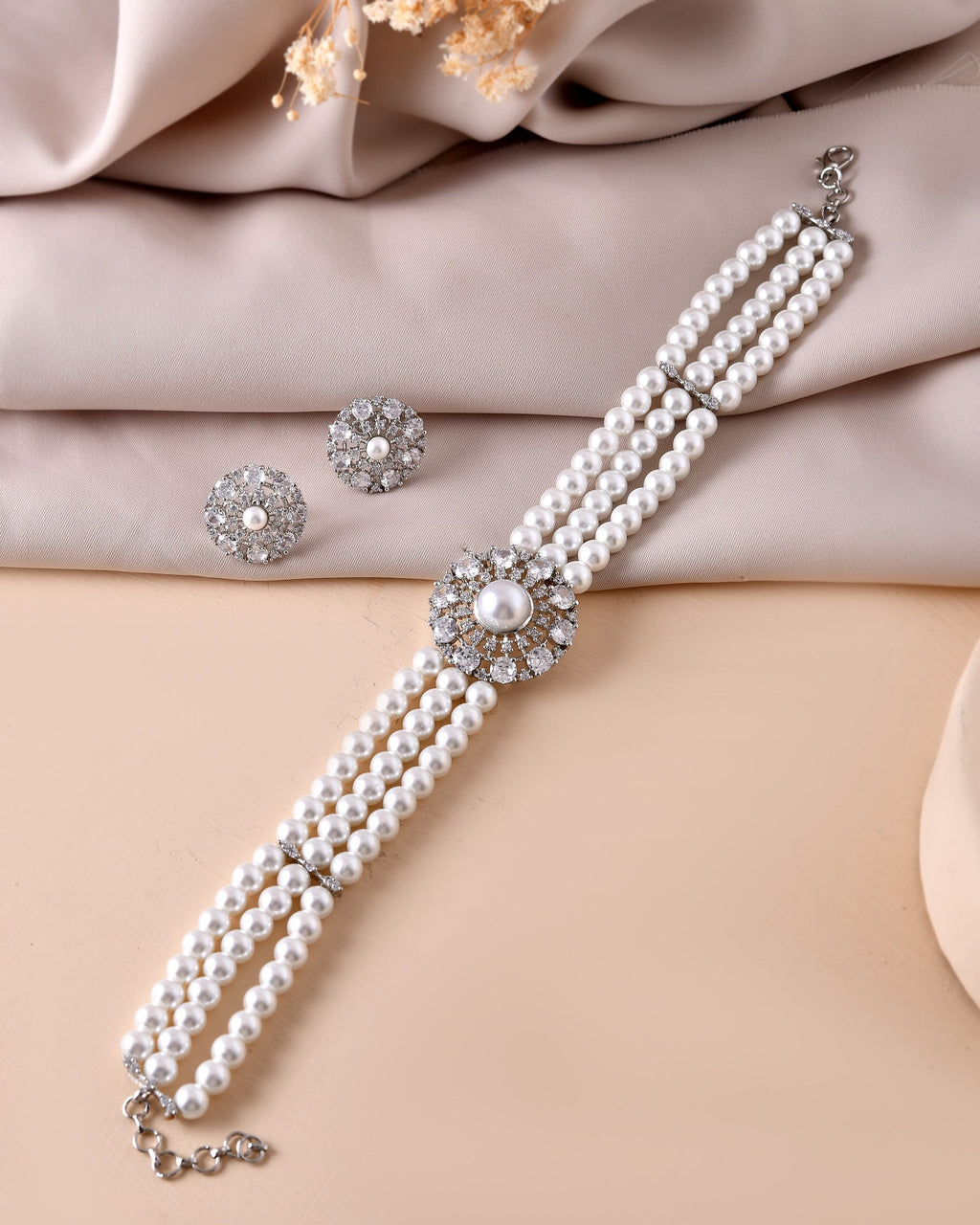 VOJ Silver Plated Pearl And Ad Stone Studded Choker Necklace With Earrings Set