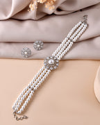 VOJ Silver Plated Pearl And Ad Stone Studded Choker Necklace With Earrings Set
