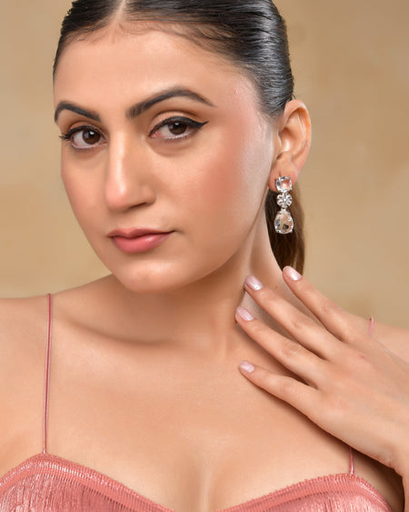 VOJ Silver Plated Stone Studded Floral Shaped Studs Earrings