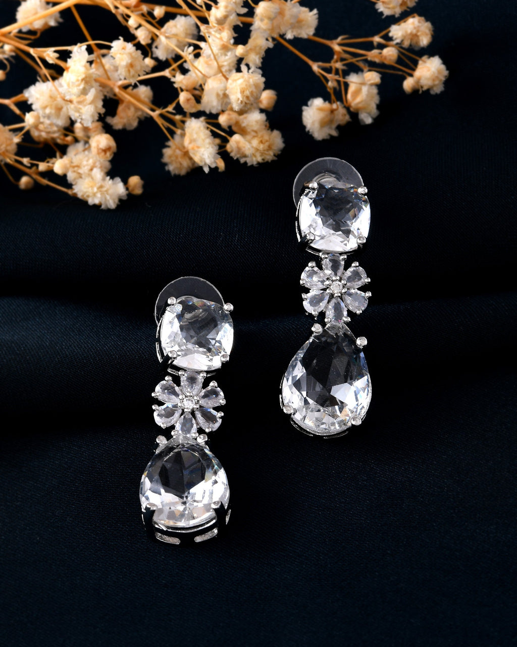 VOJ Silver Plated Stone Studded Floral Shaped Studs Earrings - Distacart