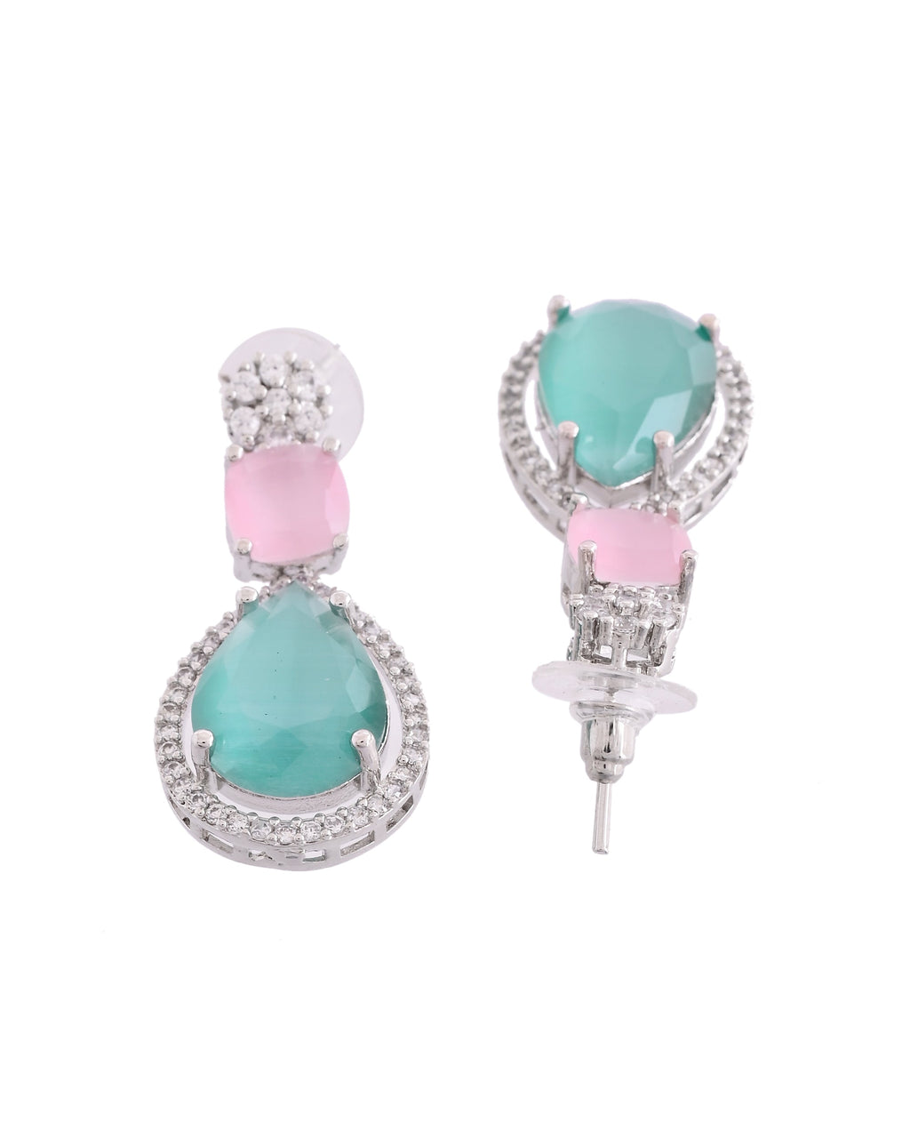VOJ Silver Plated Teal And Pink Stone Studded Elegant Earrings - Distacart