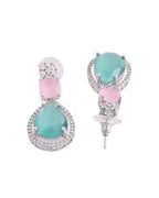 VOJ Silver Plated Teal And Pink Stone Studded Elegant Earrings - Distacart