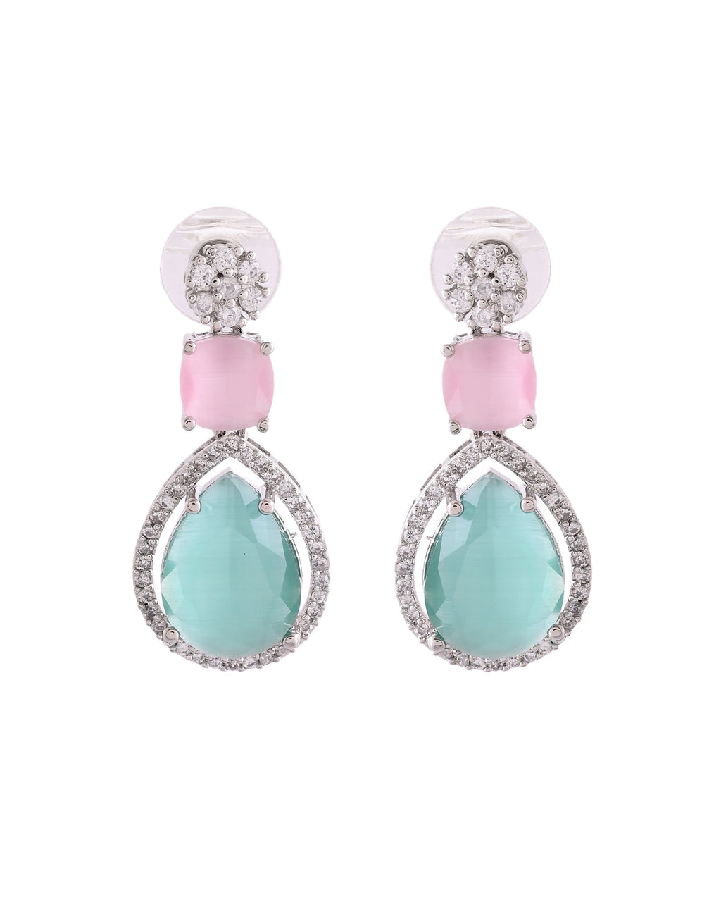 VOJ Silver Plated Teal And Pink Stone Studded Elegant Earrings - Distacart