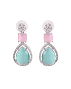 VOJ Silver Plated Teal And Pink Stone Studded Elegant Earrings - Distacart