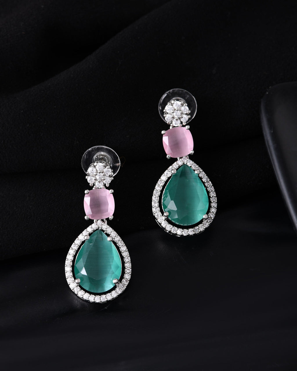 VOJ Silver Plated Teal And Pink Stone Studded Elegant Earrings - Distacart