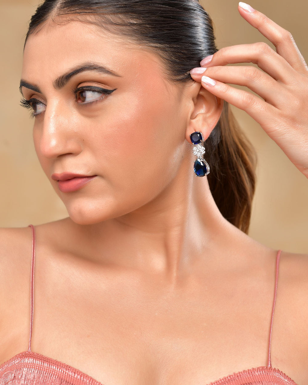 VOJ Silver Plated Blue Stone Studded Floral Shaped Studs Earrings - Distacart