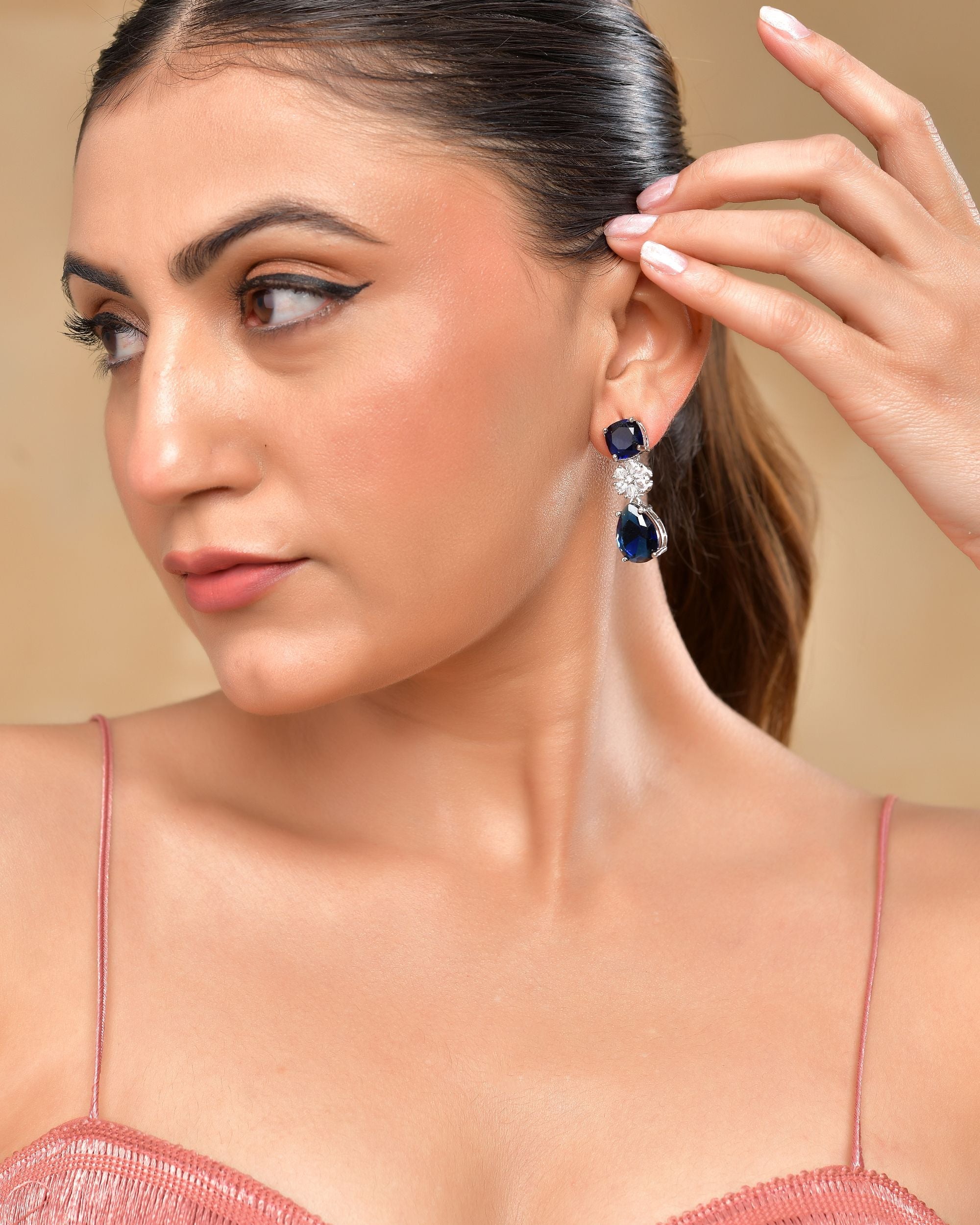 VOJ Silver Plated Blue Stone Studded Floral Shaped Studs Earrings - Distacart