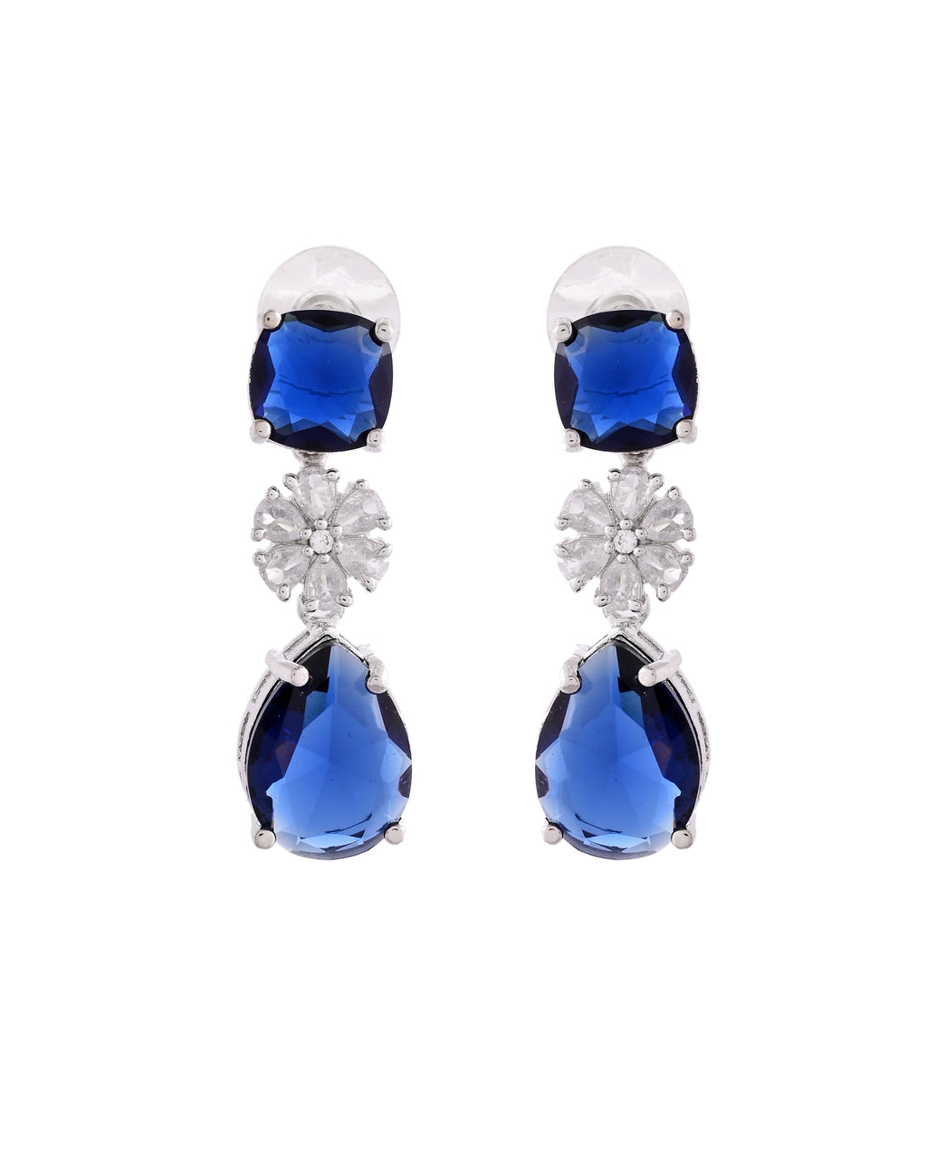 VOJ Silver Plated Blue Stone Studded Floral Shaped Studs Earrings - Distacart