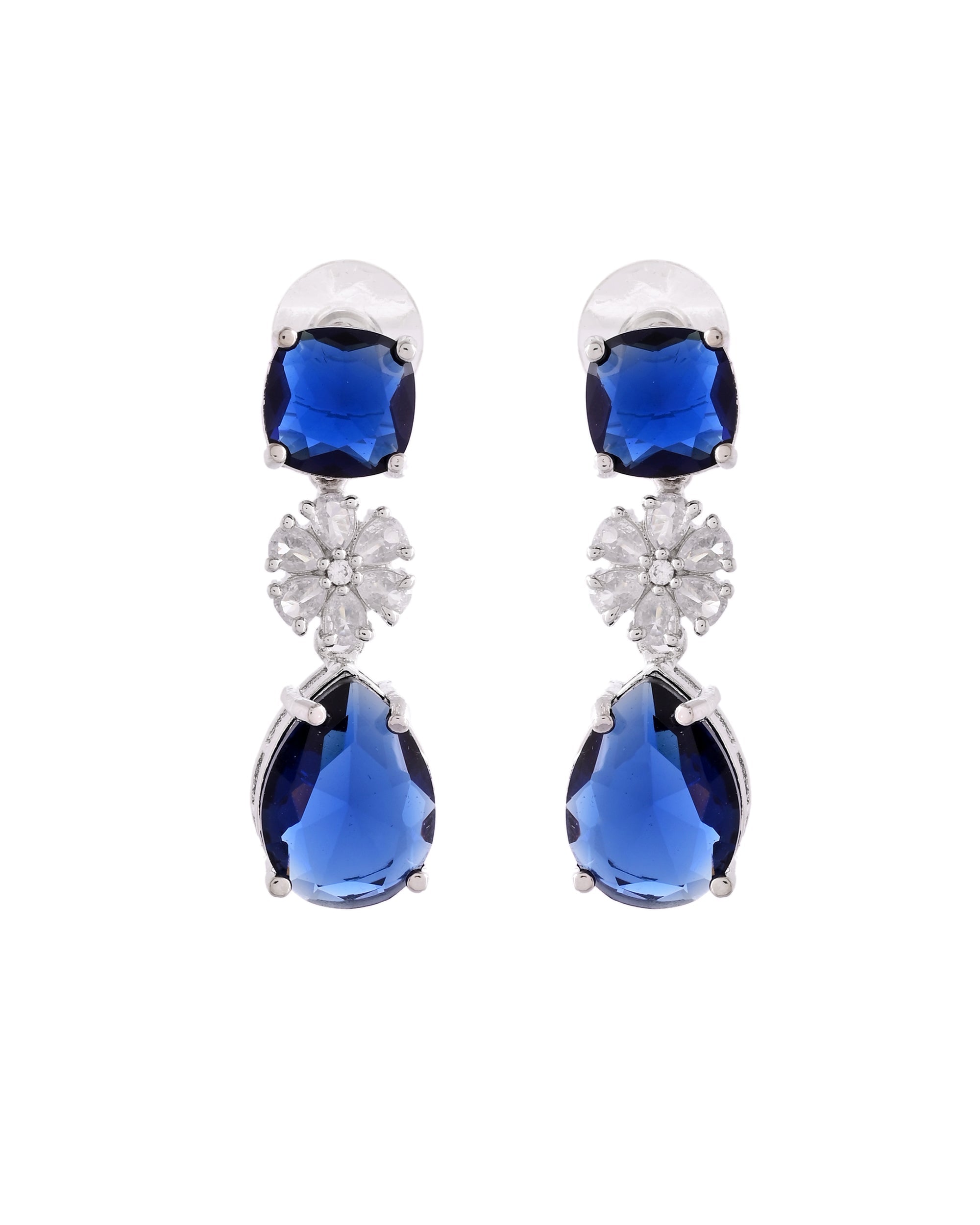 VOJ Silver Plated Blue Stone Studded Floral Shaped Studs Earrings - Distacart