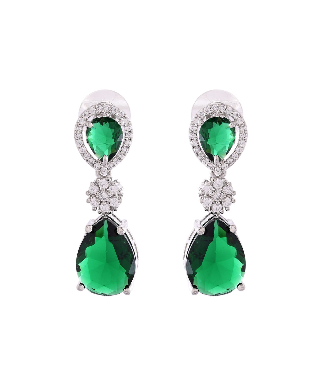 VOJ Silver Plated Green Stone Studded Floral Shaped Studs Earrings - Distacart