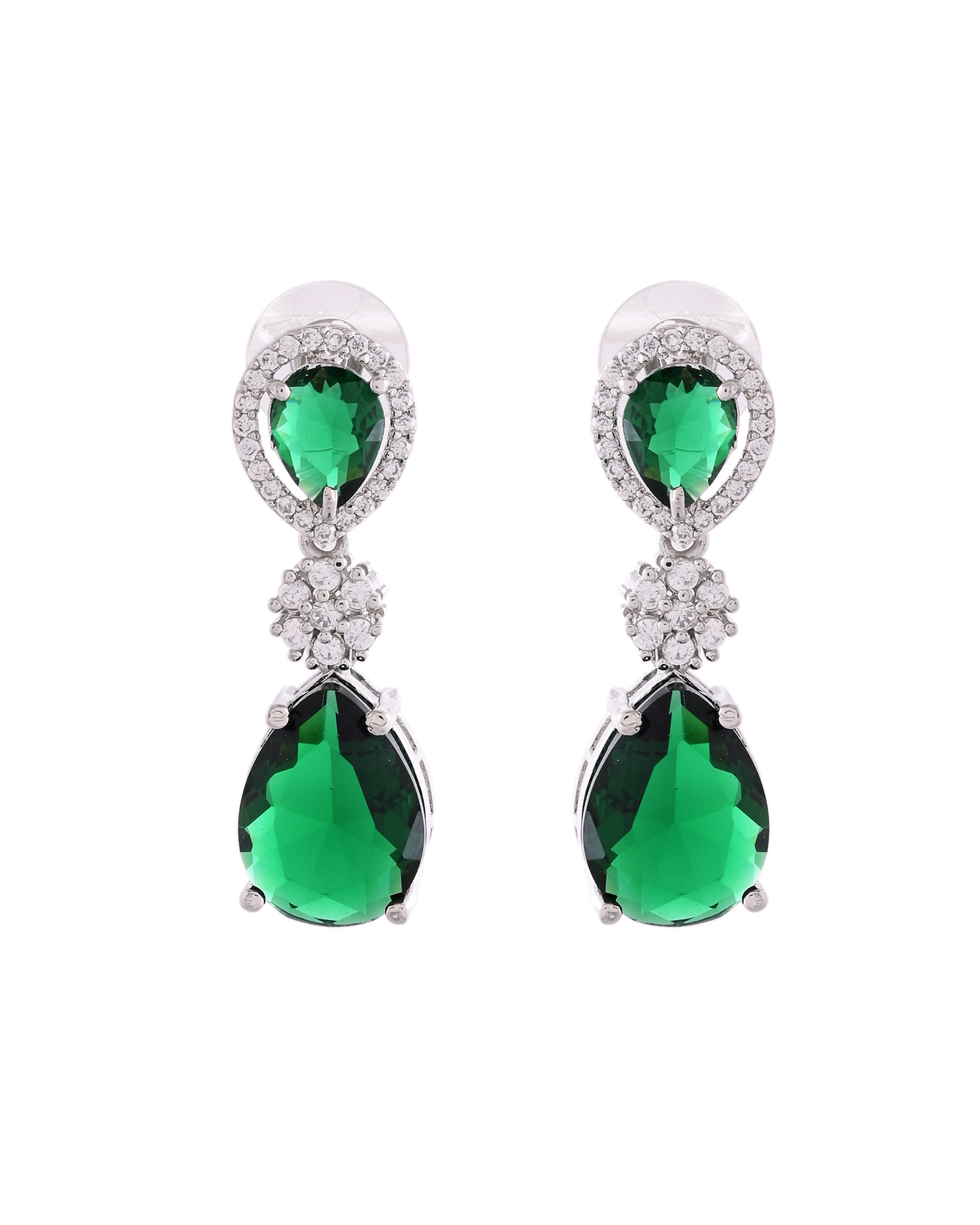 VOJ Silver Plated Green Stone Studded Floral Shaped Studs Earrings - Distacart