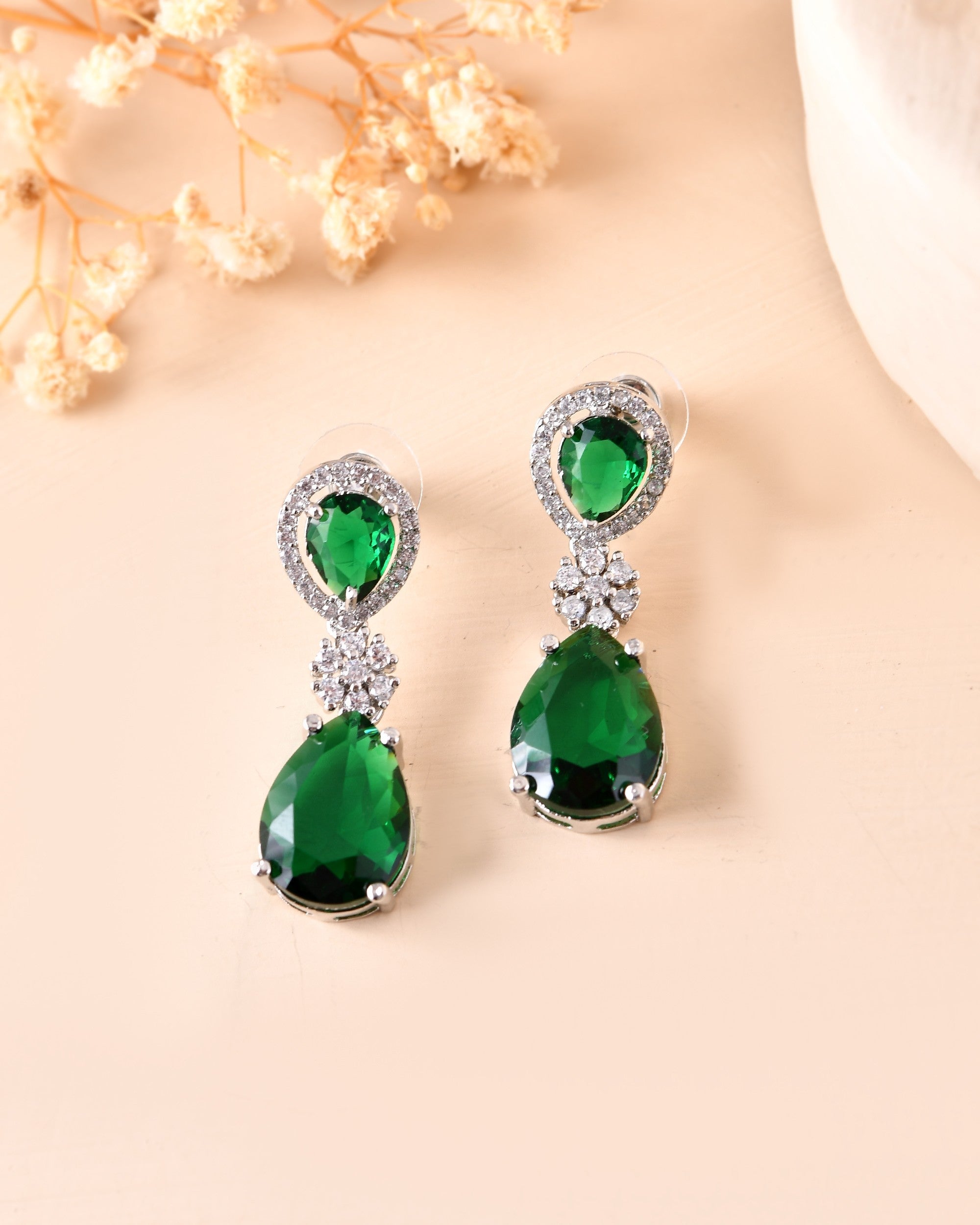 VOJ Silver Plated Green Stone Studded Floral Shaped Studs Earrings - Distacart