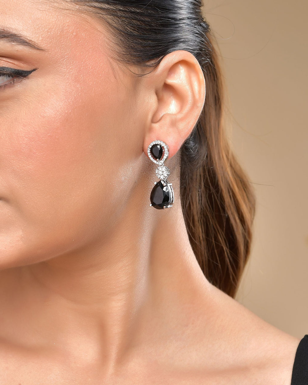 VOJ Silver Plated Black Stone Studded Floral Shaped Studs Earrings - Distacart