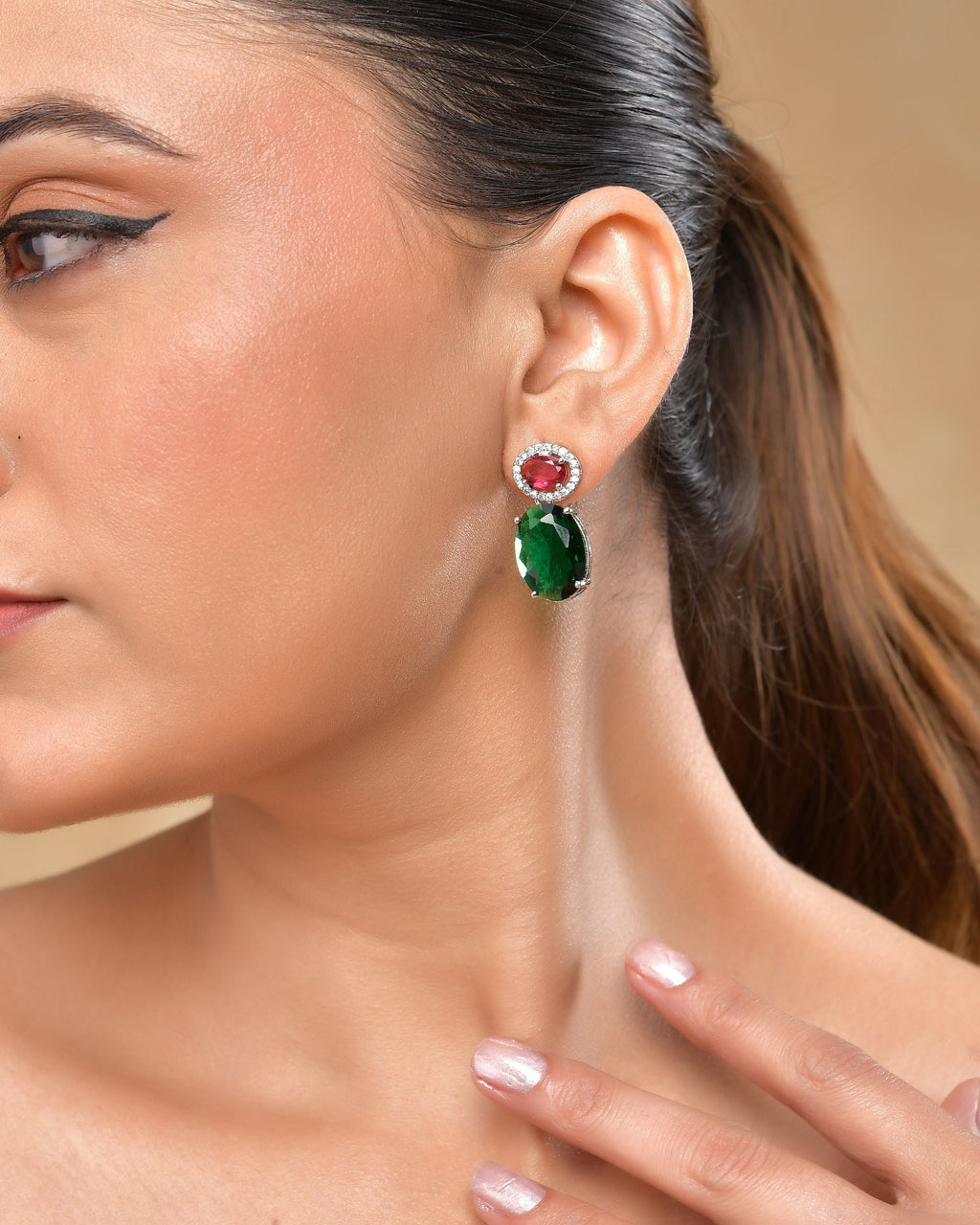 VOJ Silver Plated Green And Red Stone Studded Elegant Ad Earrings - Distacart