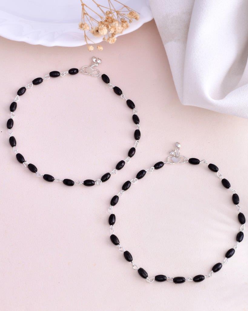 VOJ Set of 2 Silver Plated Black Beads Anklets - Distacart