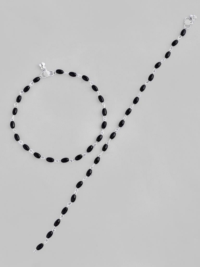 VOJ Set of 2 Silver Plated Black Beads Anklets - Distacart