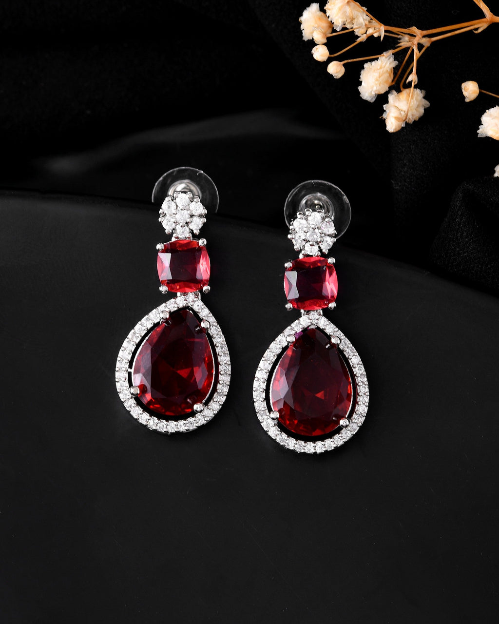 VOJ Silver Plated Red Stone Studded Ad Earrings - Distacart