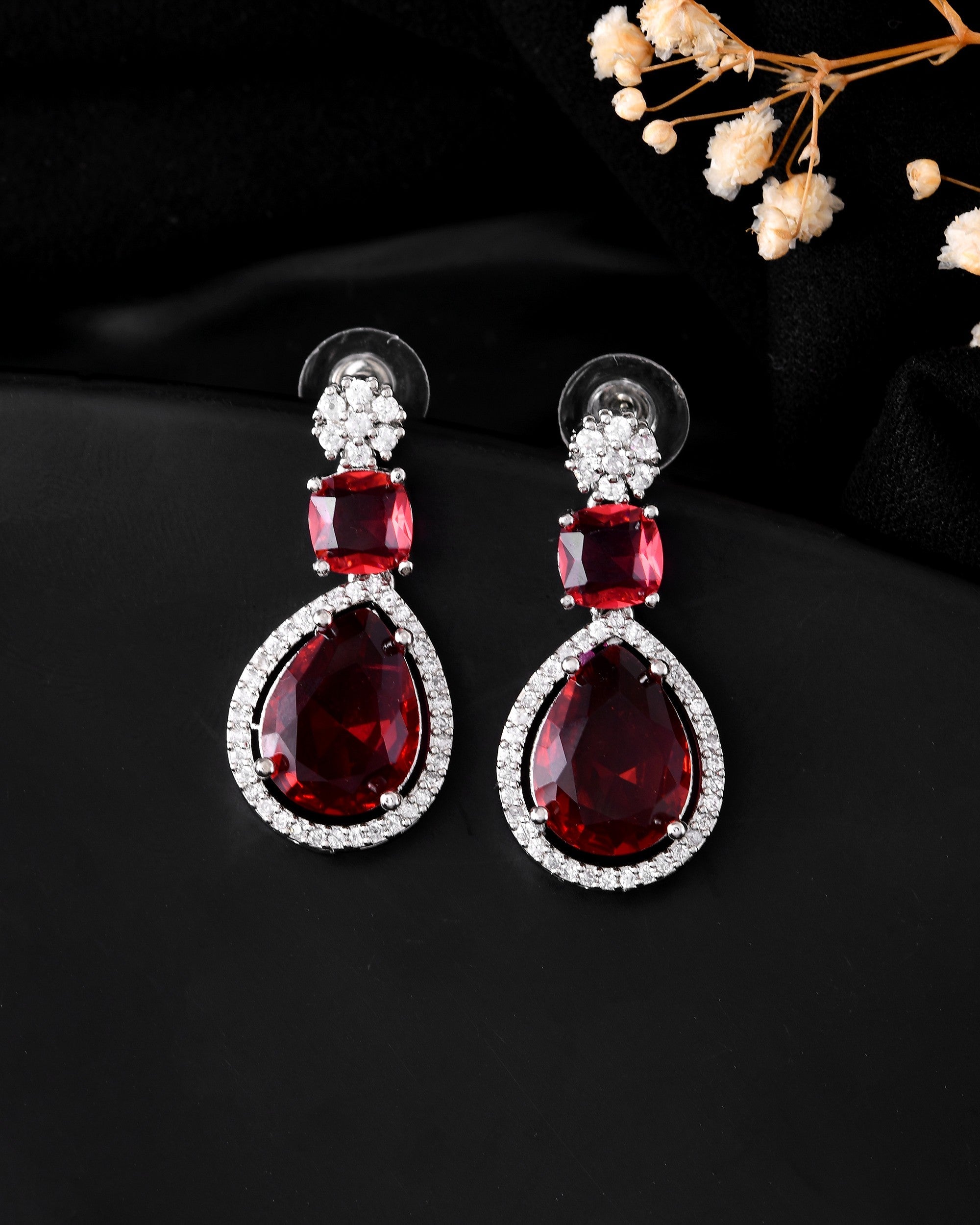 VOJ Silver Plated Red Stone Studded Ad Earrings - Distacart