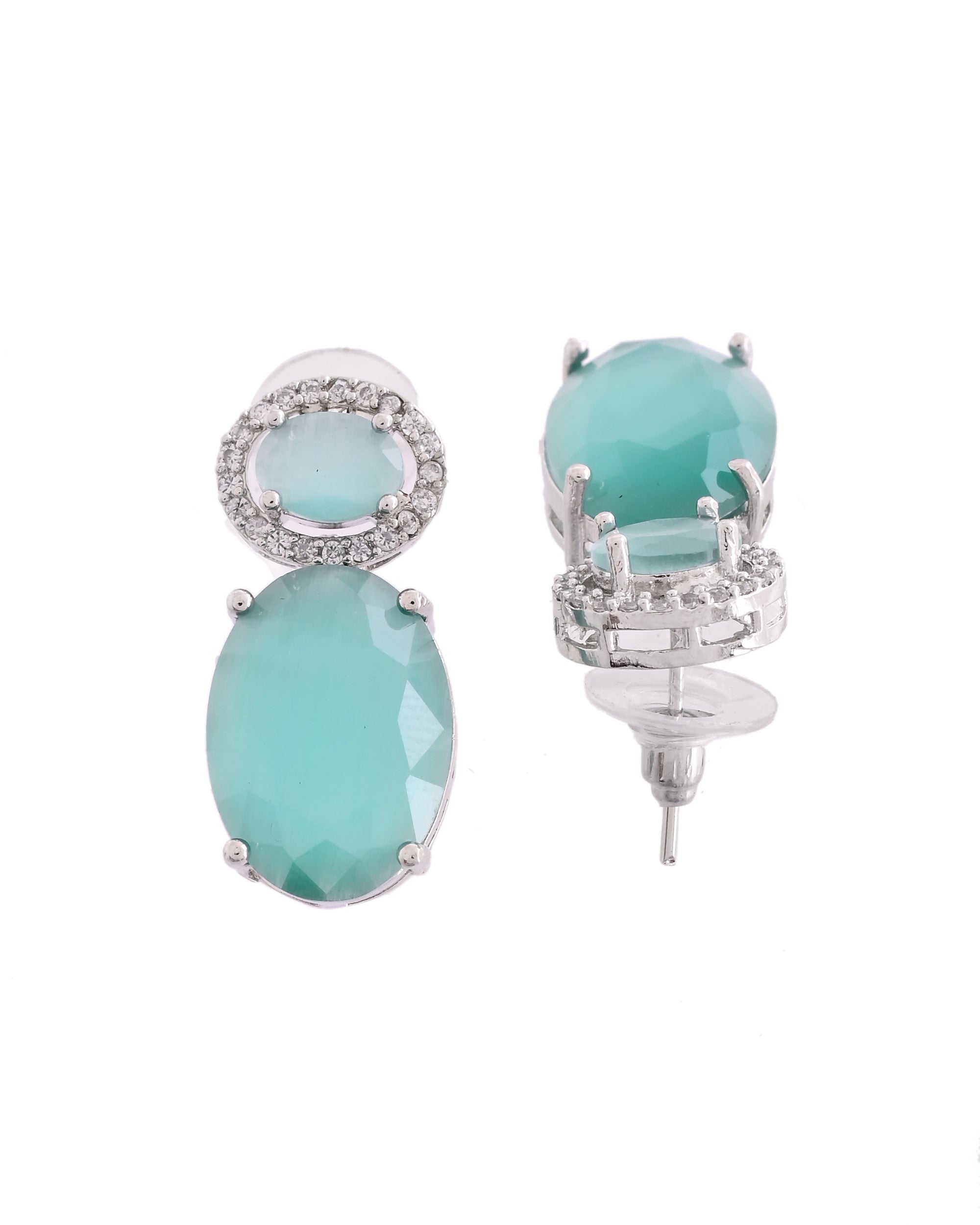 VOJ Silver Plated Sea Green Stone Studded Ad Earrings - Distacart
