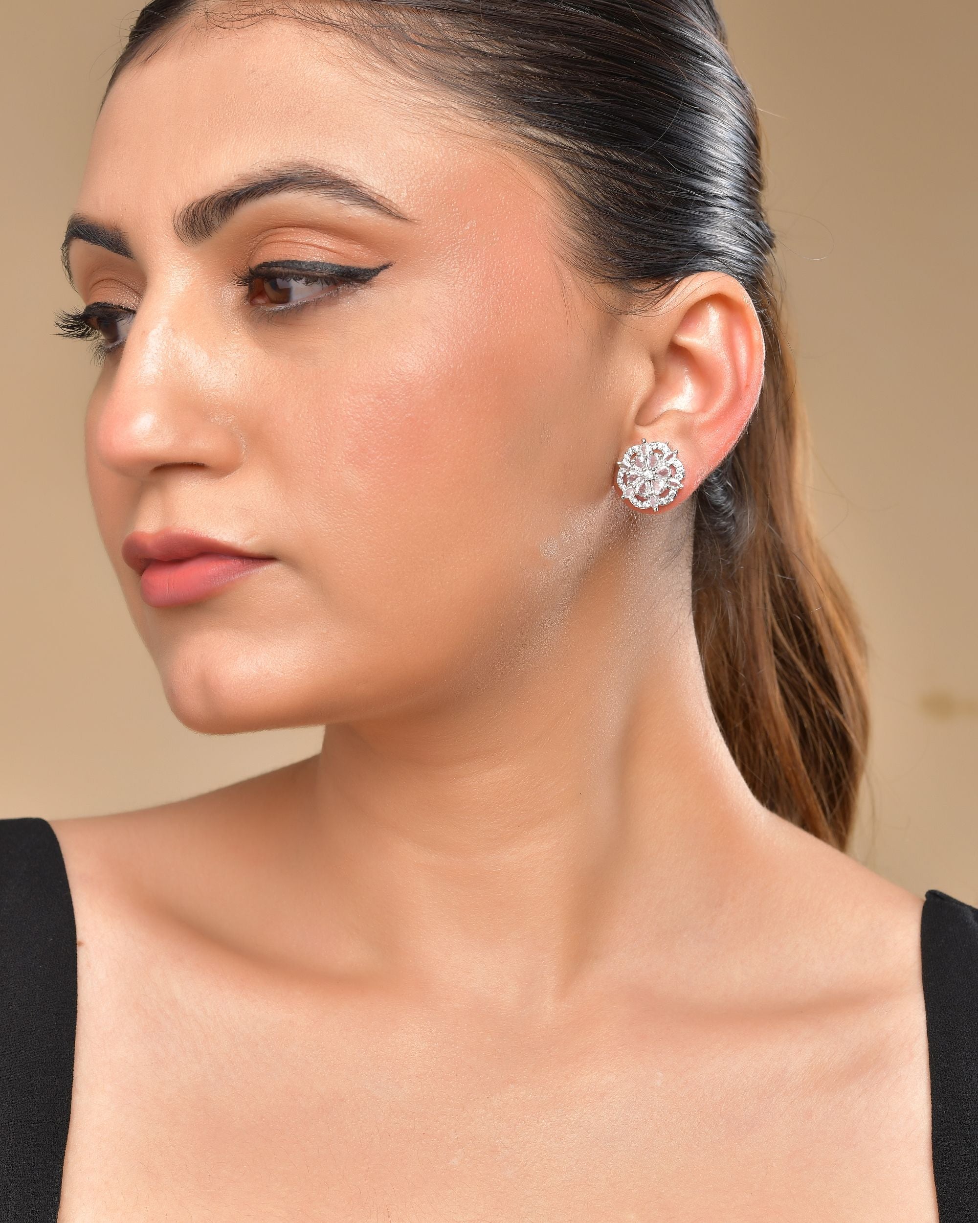 VOJ Silver Plated Floral Shape Ad Stone Studded Studs Earrings - Distacart