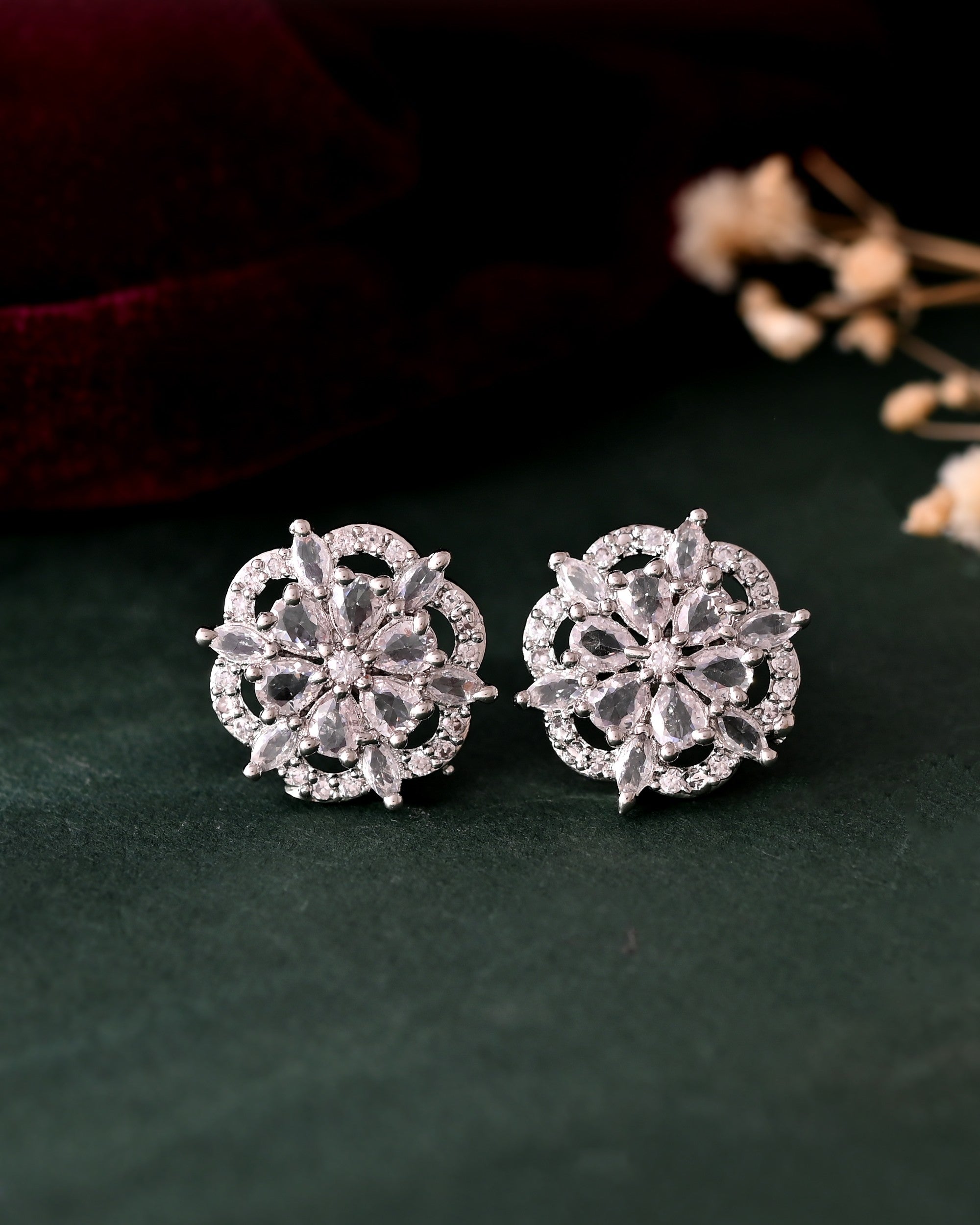 VOJ Silver Plated Floral Shape Ad Stone Studded Studs Earrings - Distacart