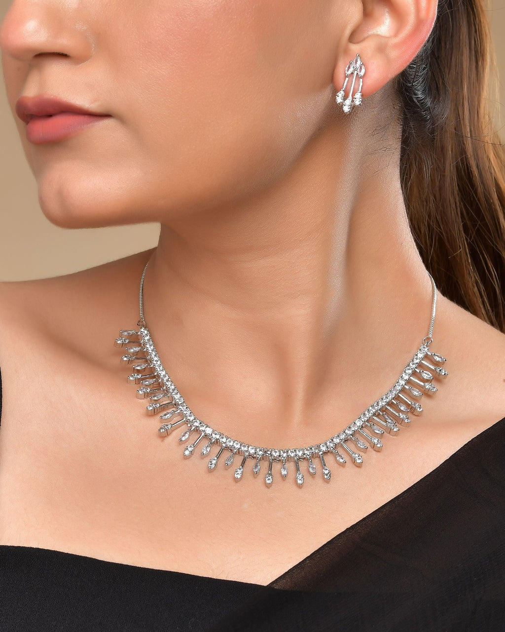 VOJ Silver Plated Ad Stone Studded Elegant Minimal Jewellery Set - Distacart
