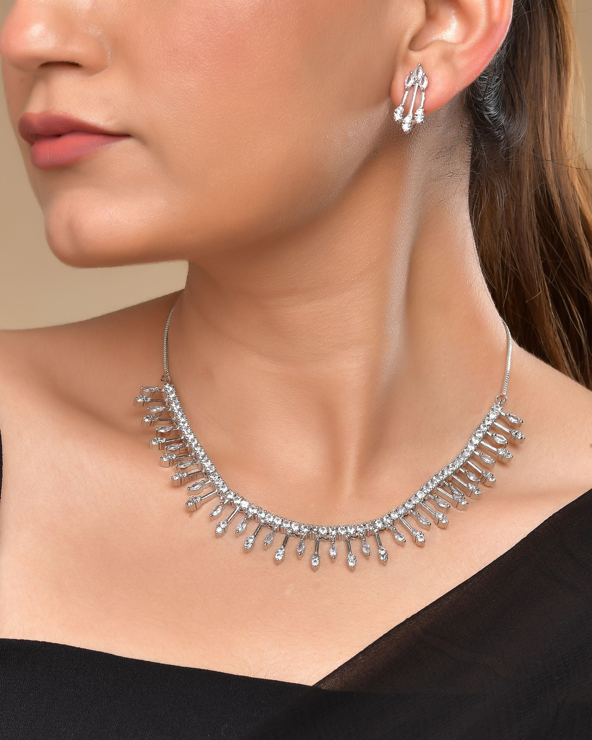 VOJ Silver Plated Ad Stone Studded Elegant Minimal Jewellery Set - Distacart