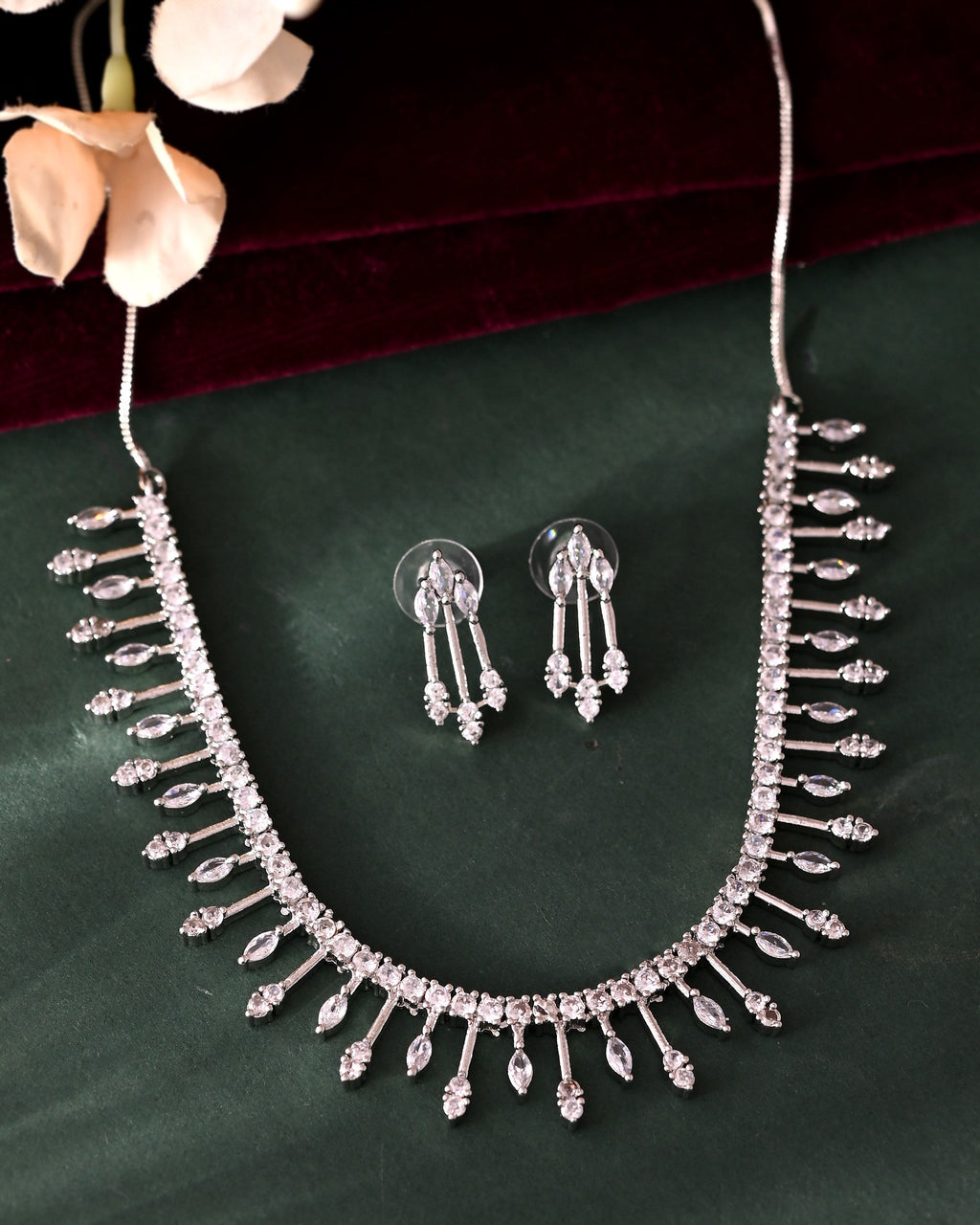 VOJ Silver Plated Ad Stone Studded Elegant Minimal Jewellery Set - Distacart