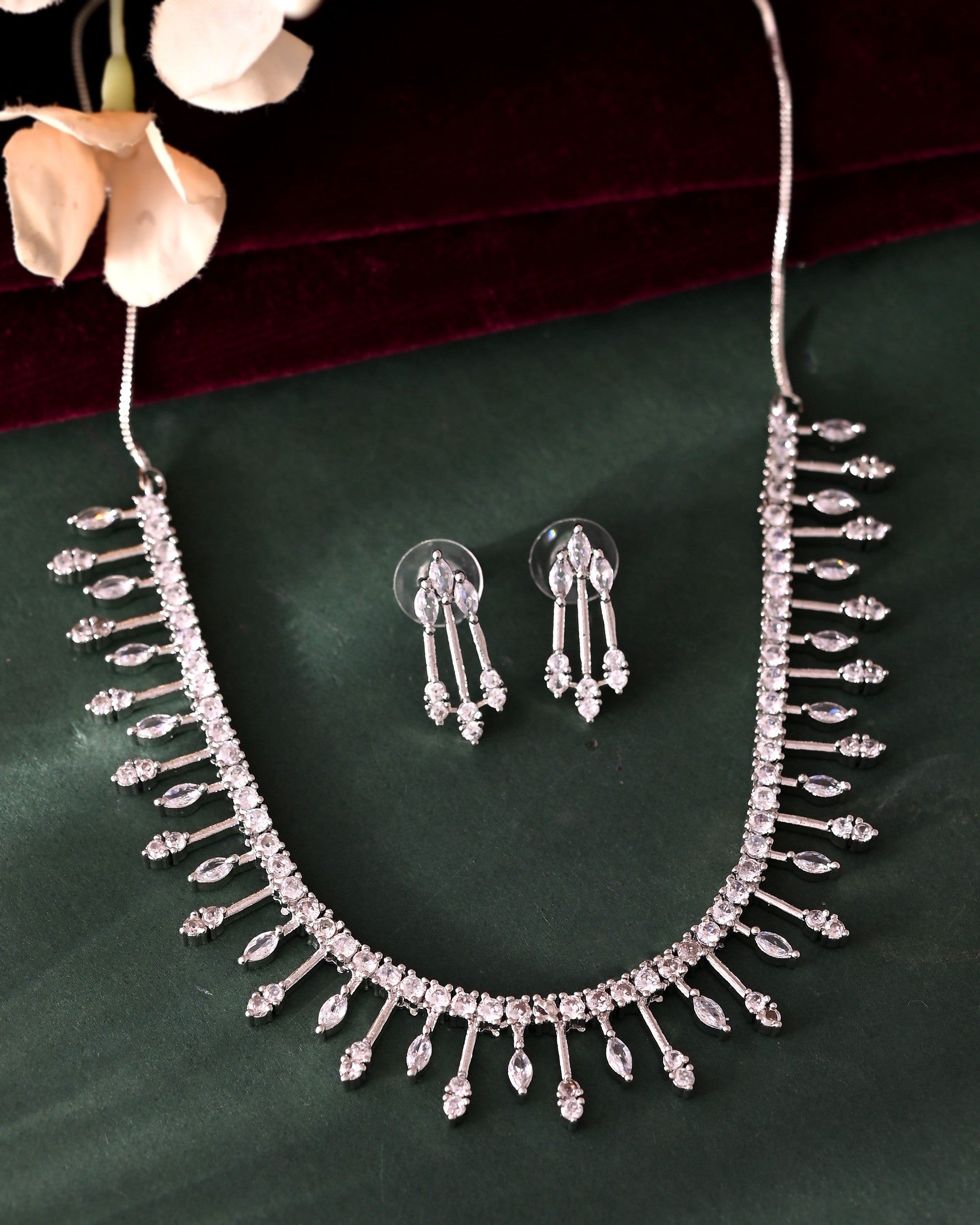 VOJ Silver Plated Ad Stone Studded Elegant Minimal Jewellery Set - Distacart